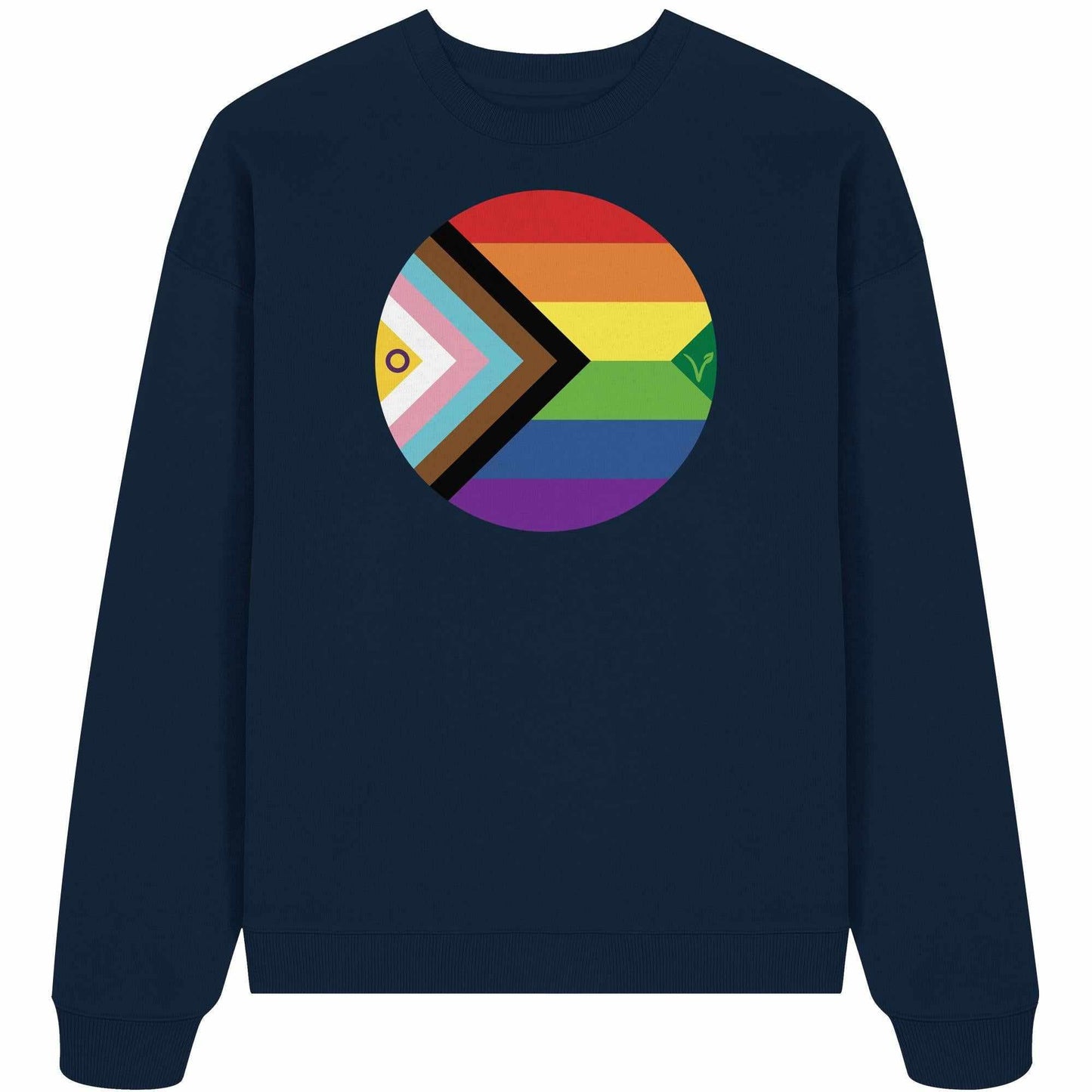 Vegan und Bio Oversized Sweatshirt: LGBTQAI+ Veganismus, zeigt ein Regenbogendesign mit Flagge, symbolisiert Rechte für Menschen und Tiere, aus 100% Bio-Baumwolle.