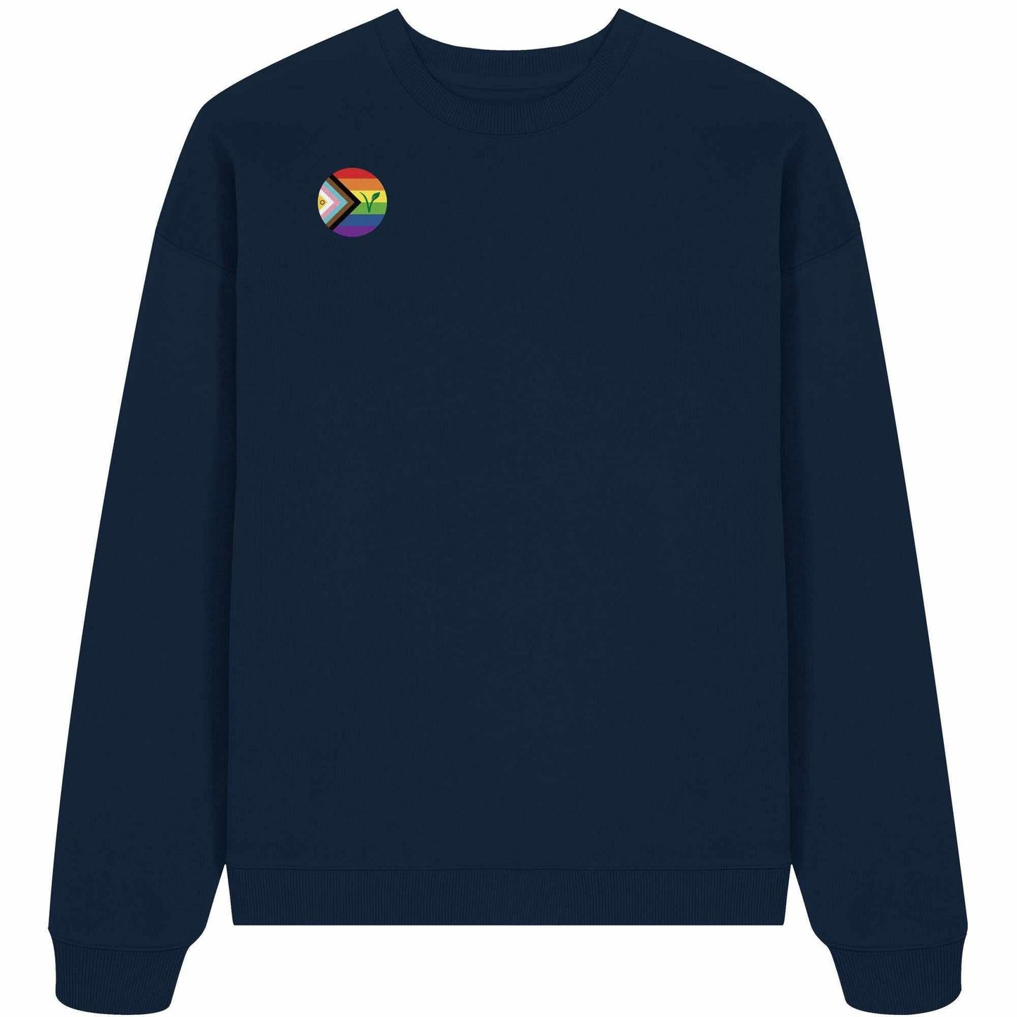 Vegan und Bio Oversized Sweatshirt: LGBTQIA+ VEGAN, blau mit Regenbogen-Logo und grünem Blatt, aus 100% Bio-Baumwolle, rebellisches Design von RUDE REBEL.