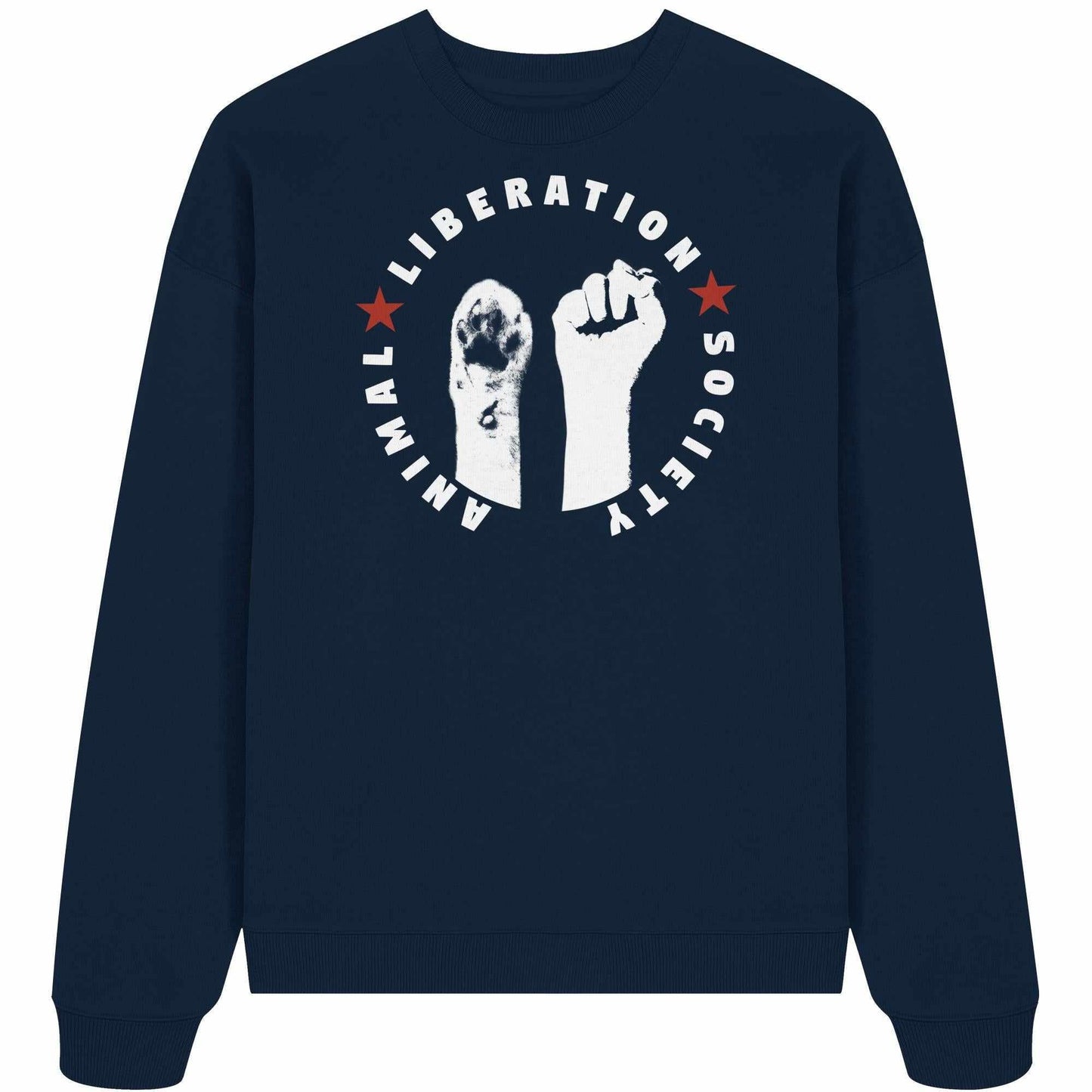 Vegan und Bio Oversized Sweatshirt mit weißem Hand- und rotem Stern-Design, symbolisiert Tierrechte. Hergestellt aus 100% Bio-Baumwolle.