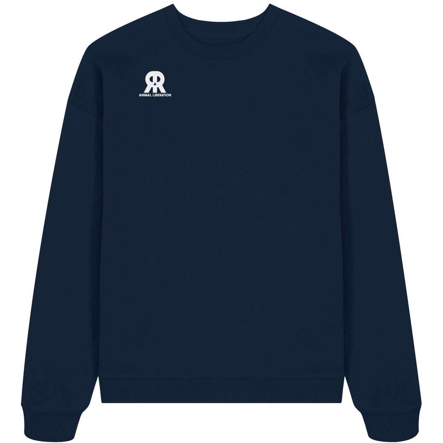 Vegan und Bio Oversized Sweatshirt: RUDE REBEL Skull - Animal Liberation, blauer Pullover mit weißem Totenkopf-Logo, aus 100% Bio-Baumwolle, rebellisches Design, nachhaltig und vegan.