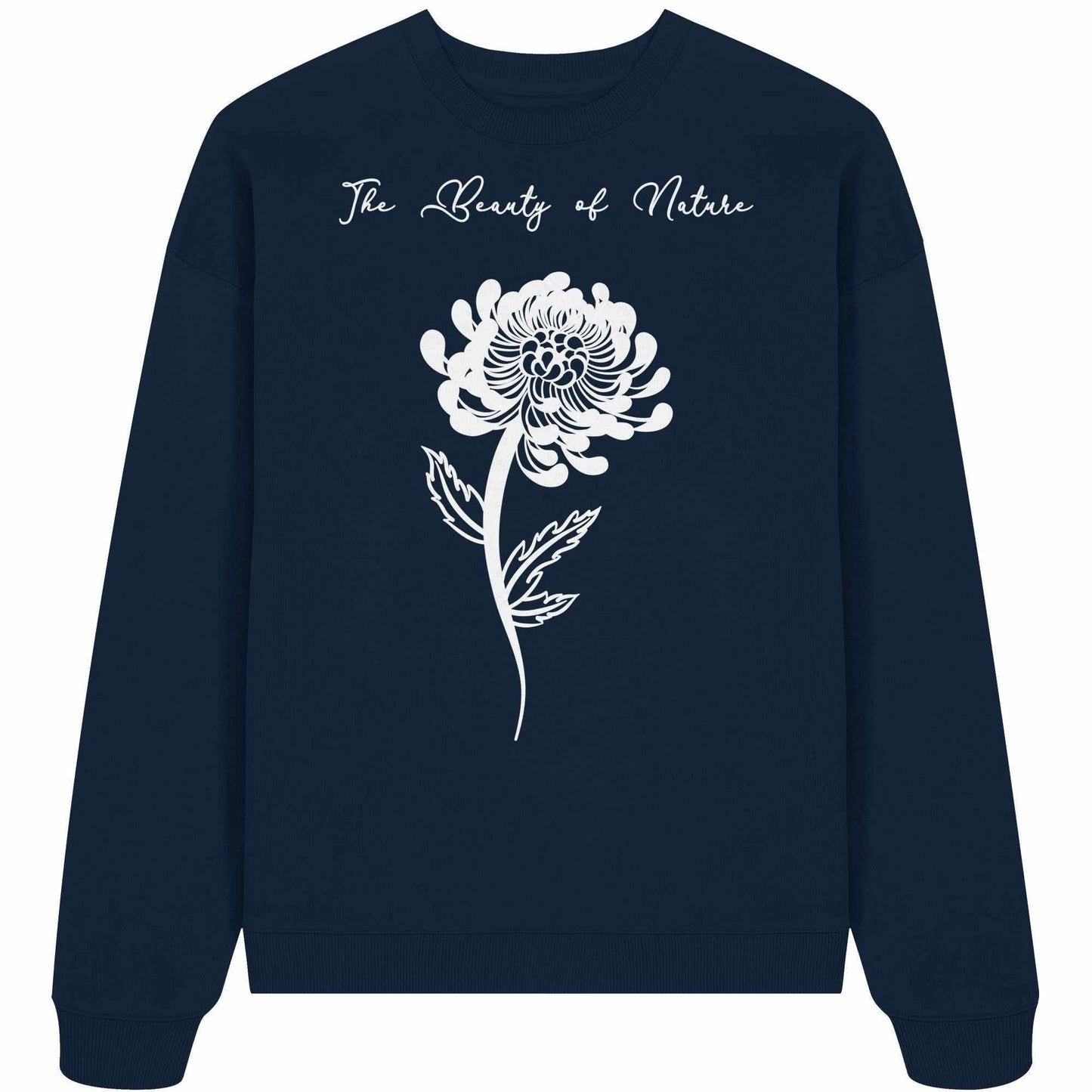 Vegan und Bio Oversized Sweatshirt: Chrysantheme, blau mit weißer Blume, zeigt Naturschutz-Design, aus 100% Bio-Baumwolle, von RUDE REBEL.