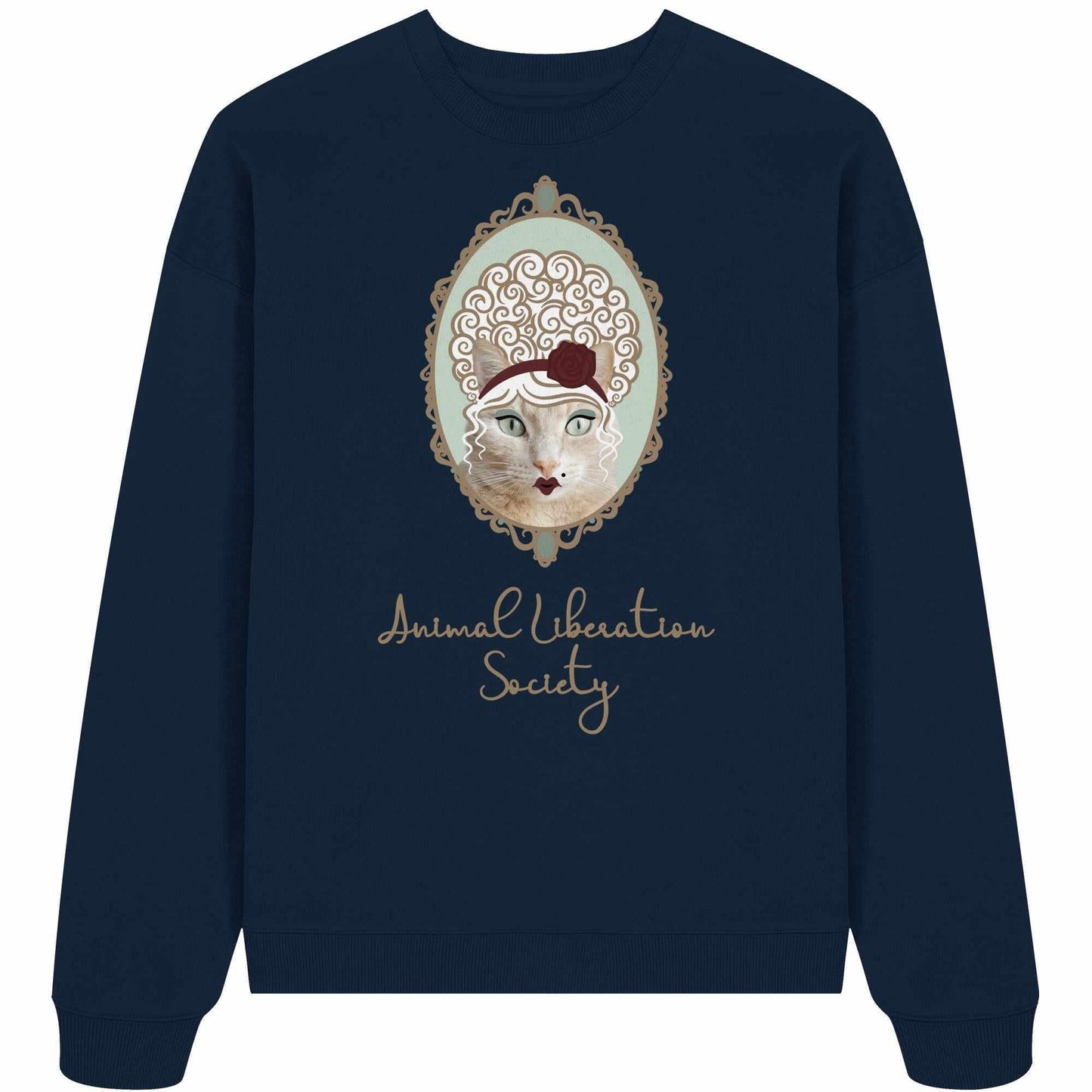 Vegan und Bio Oversized Sweatshirt: Miss Cat - Animal Liberation Society mit Katzenmotiv und Rosen, 100% Bio-Baumwolle, rebellisches Design von RUDE REBEL.
