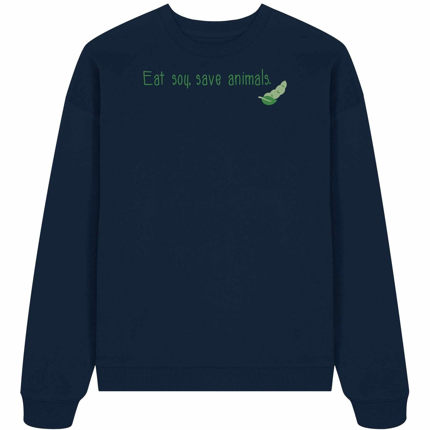 Vegan und Bio Oversized Sweatshirt mit grünem Schriftzug und Erbsenlogo, aus 100% Bio-Baumwolle, betont vegane und nachhaltige Werte.