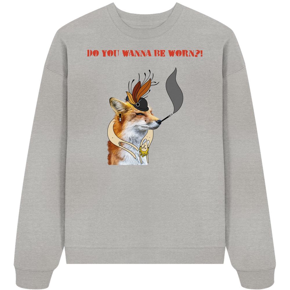 Vegan und Bio Oversized Sweatshirt mit Fuchs in Hut-Design, rebellisch gegen Pelz, 100% Bio-Baumwolle, von RUDE REBEL.