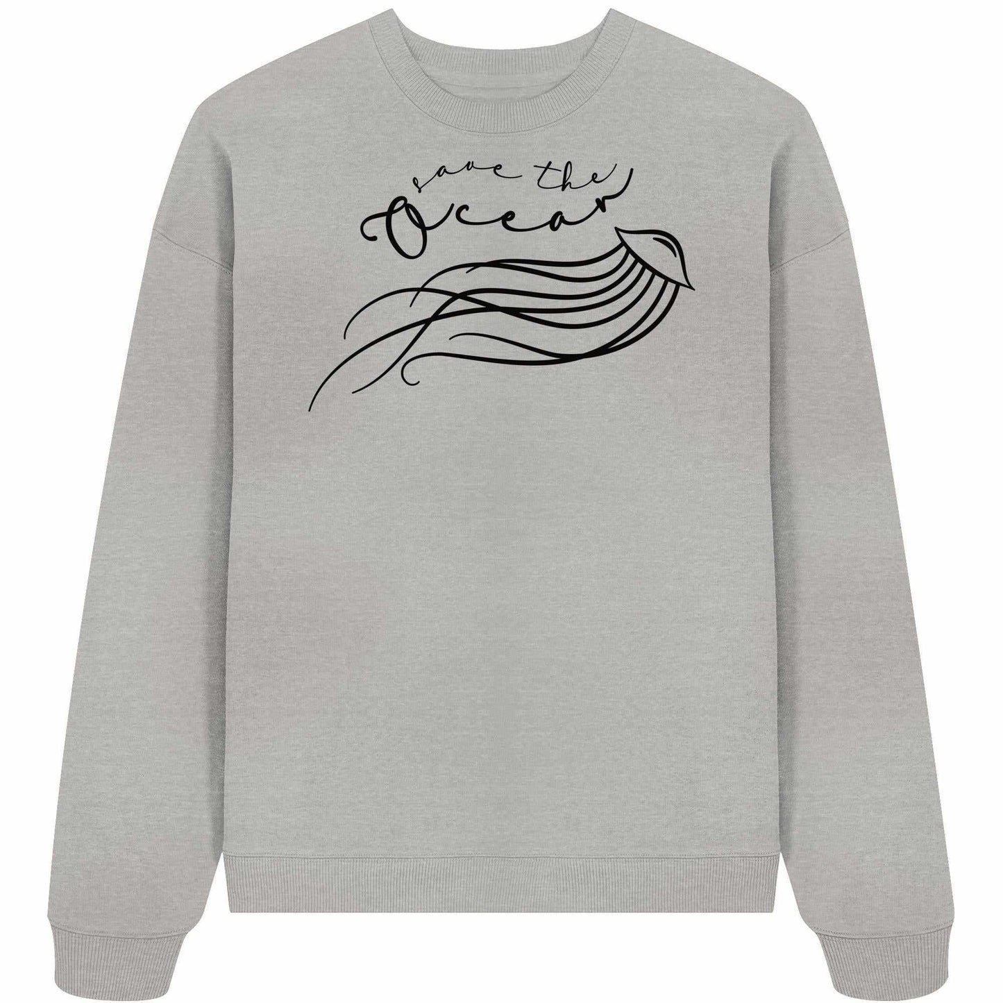 Vegan und Bio Oversized Sweatshirt mit Qualle-Design und Save the Ocean-Aufruf, grauer Stoff, nachhaltige Mode von RUDE REBEL, aus 100% Bio-Baumwolle.