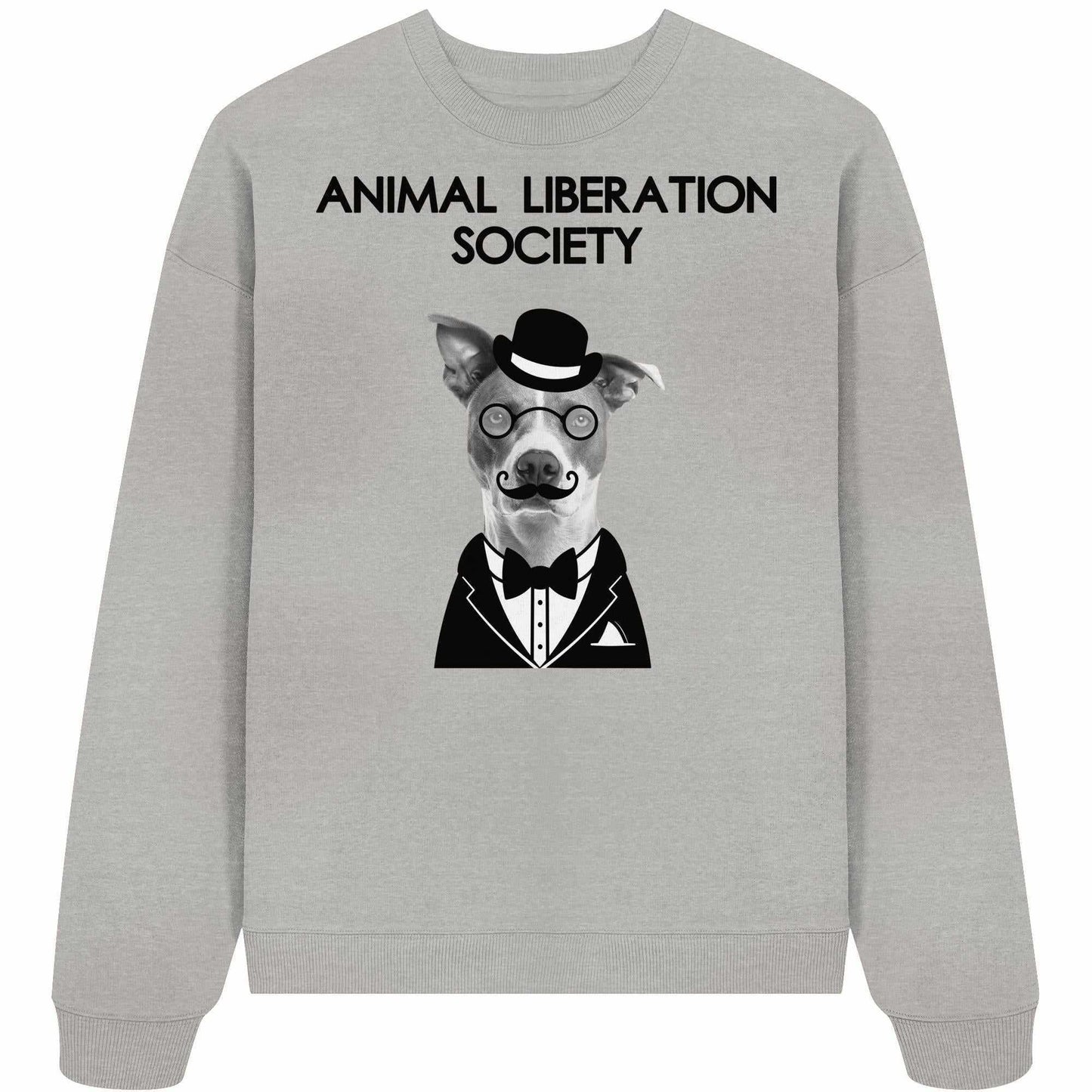 Vegan und Bio Oversized Sweatshirt: Mr. Dog - Animal Liberation Society, grauer Pullover mit Hundegrafik, Brille, Hut und Fliege, aus 100% Bio-Baumwolle.