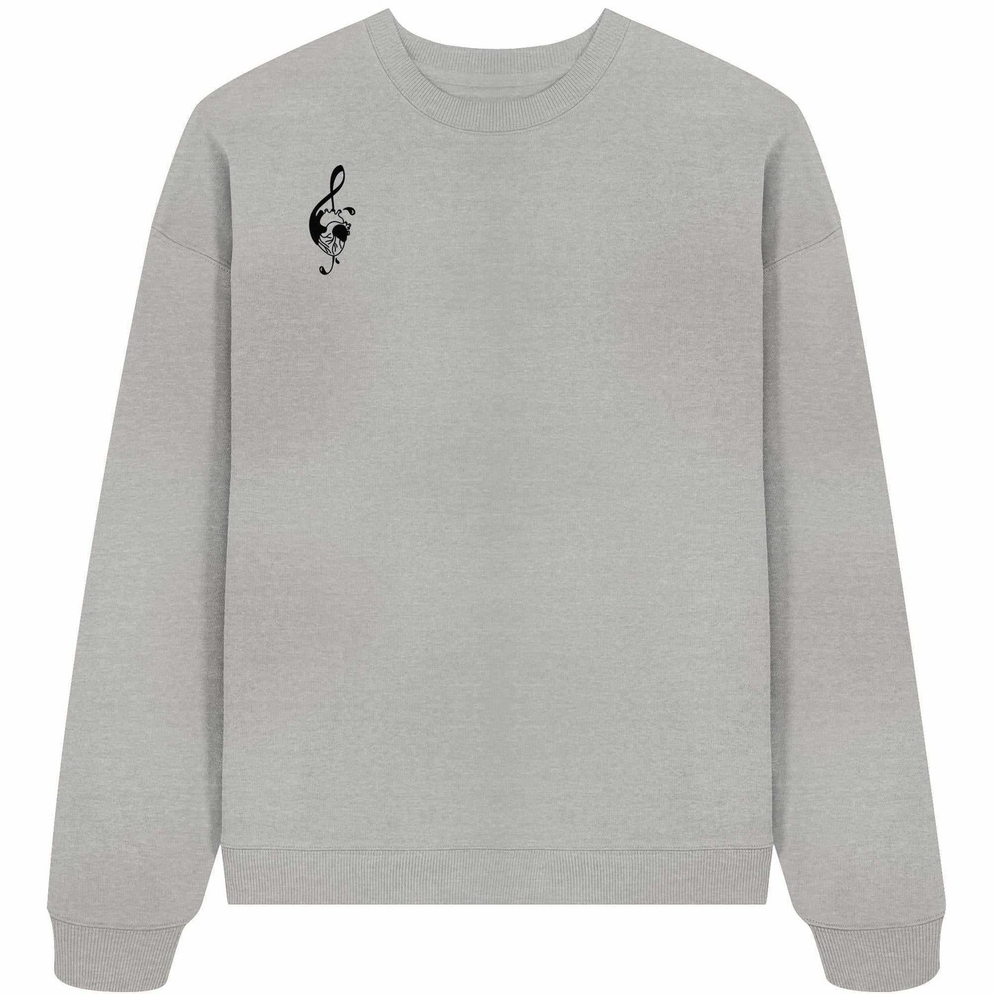 Vegan und Bio Oversized Sweatshirt: Music Heart – Grauer Pullover mit schwarzem Herzdesign, aus 100% Bio-Baumwolle, oversized Schnitt, 2x1-Rippstrick an Halsausschnitt und Säumen.