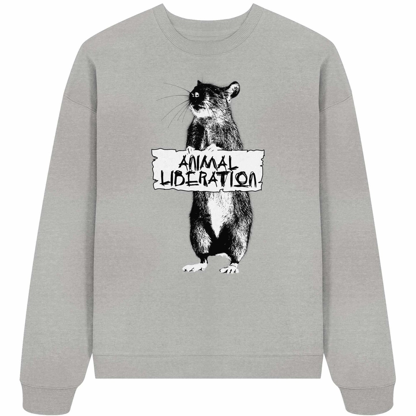 Vegan und Bio Oversized Sweatshirt mit digitaler Ratten-Collage im Banksy-Stil, aus 100% Bio-Baumwolle, repräsentiert Tierrechte und nachhaltige Mode.