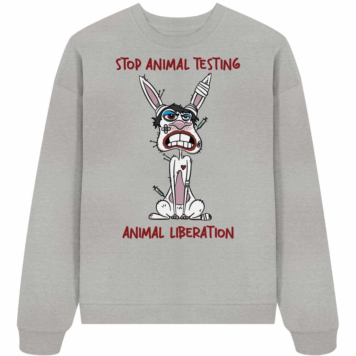 Vegan und Bio Oversized Sweatshirt mit Cartoon-Hasenmotiv und STOP ANIMAL TESTING!-Aufschrift, betont Tierschutz und nachhaltige Mode.