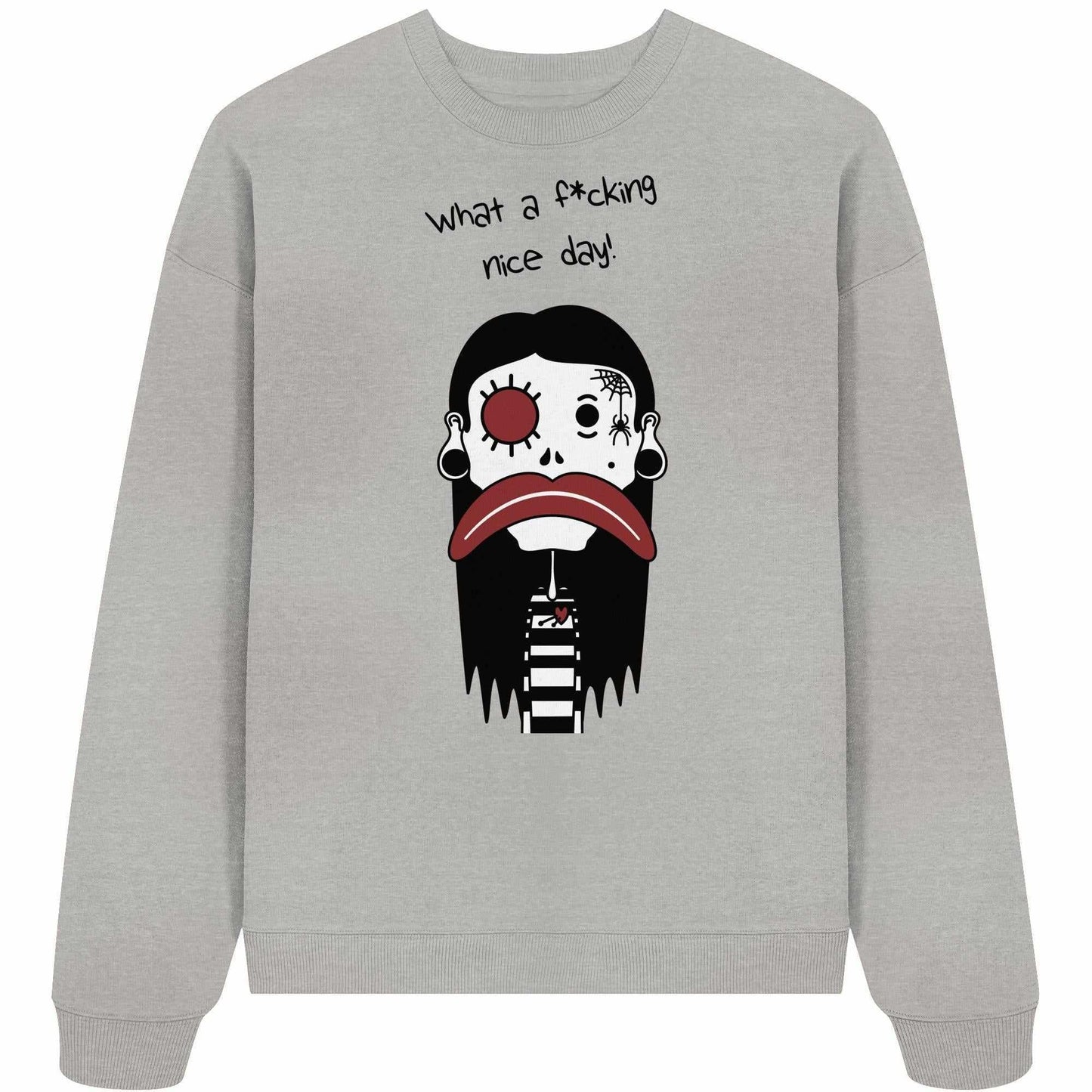 Vegan und Bio Oversized Sweatshirt: Mental health – Bad Day, graues Sweatshirt mit Cartoon-Charakter und roten Akzenten, aus Bio-Baumwolle, oversized Schnitt, rebellisches Design von RUDE REBEL.