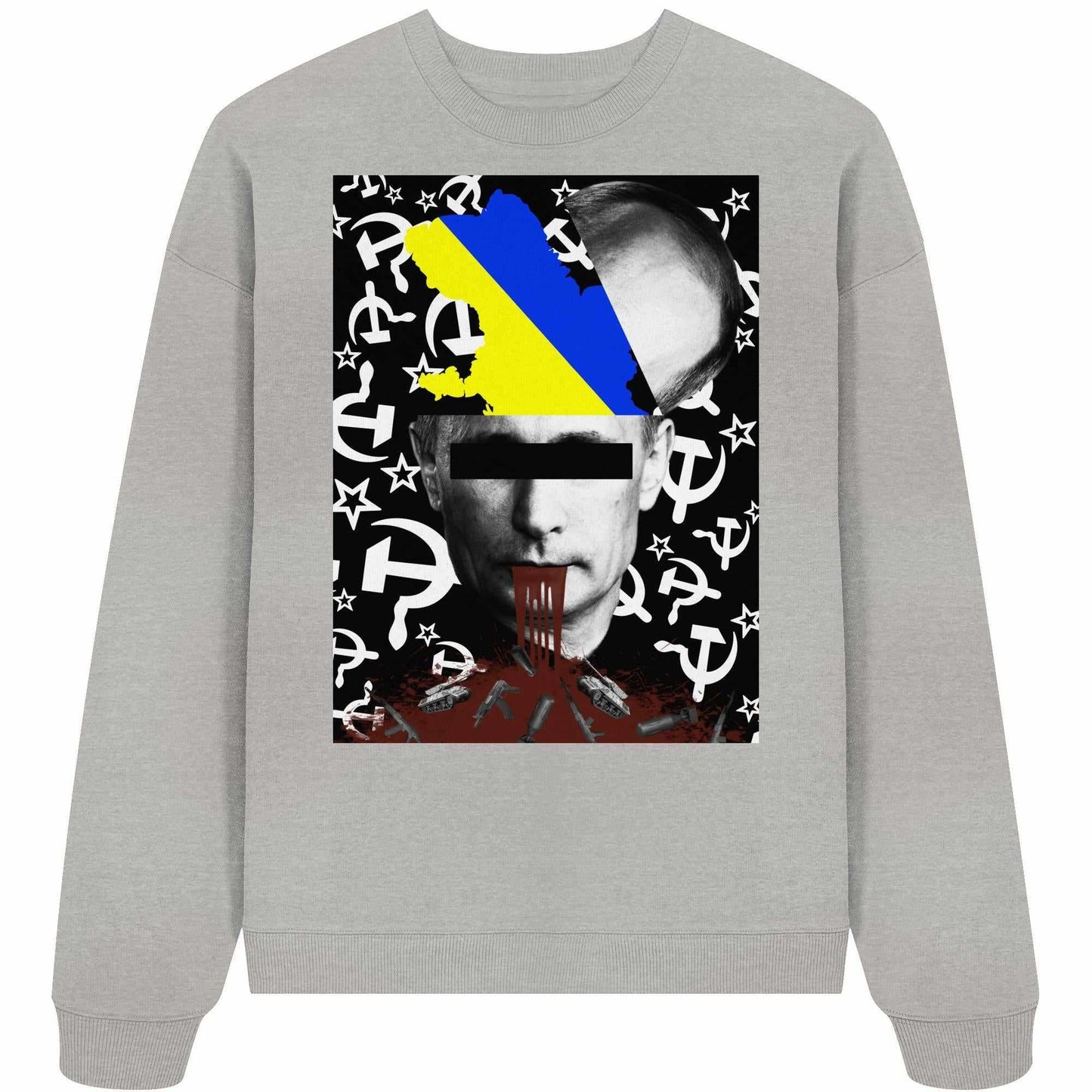 Graues Sweatshirt mit Bild eines Mannes mit blau-gelbem Text, thematisch zum Angriff auf die Ukraine, aus 100% Bio-Baumwolle, oversized Schnitt.