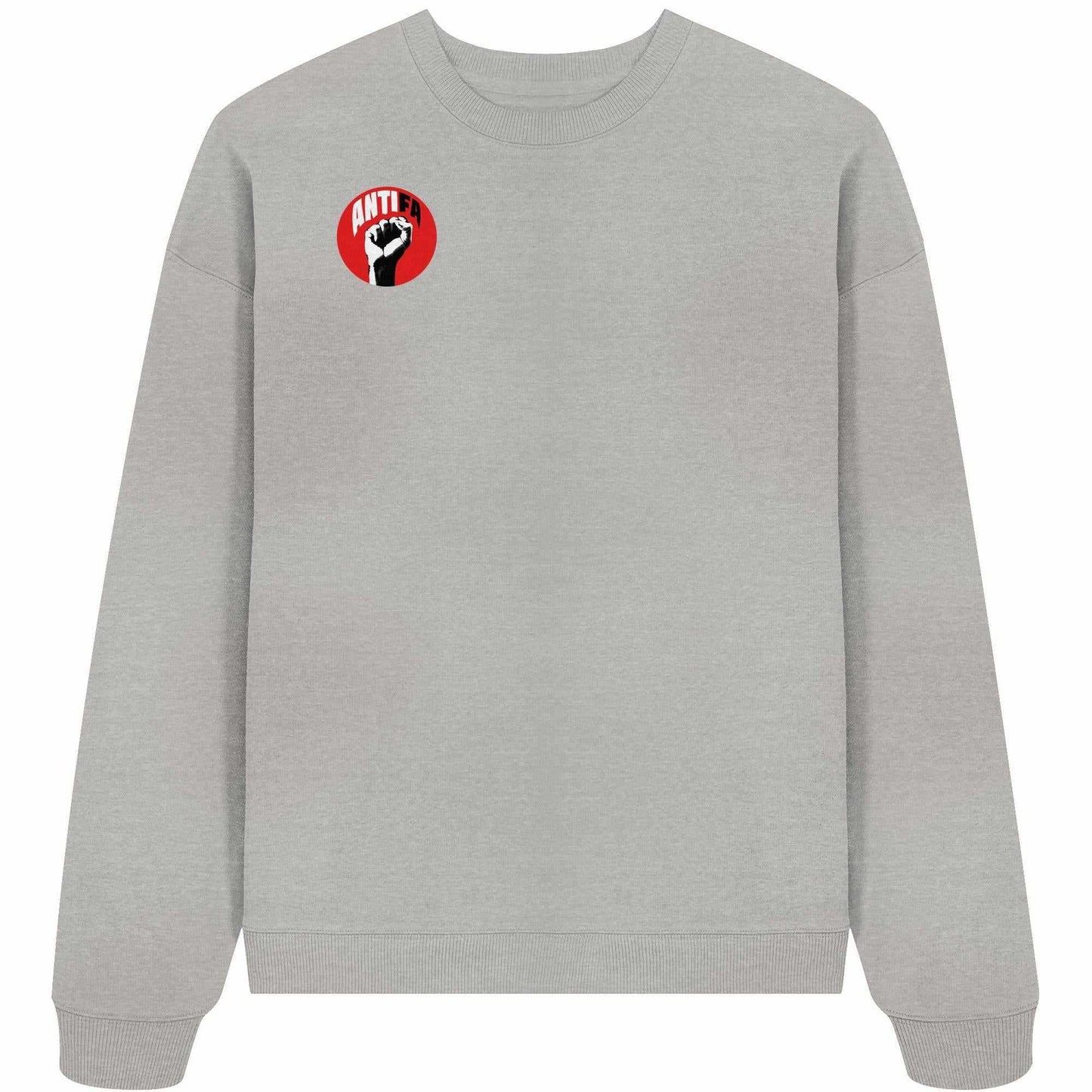 Vegan und Bio Oversized Sweatshirt mit roter Faust-Grafik, repräsentiert Antifa-Thema, aus Bio-Baumwolle, langärmelig und umweltfreundlich, von RUDE REBEL.