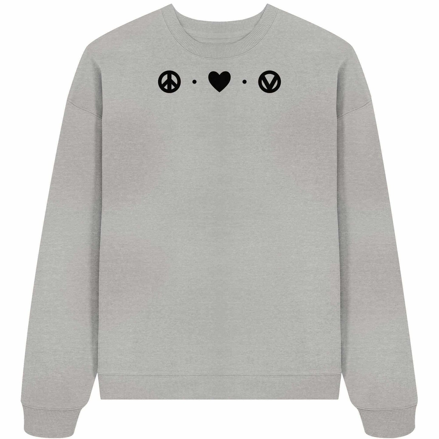 Vegan und Bio Oversized Sweatshirt: Love - Peace - Veganism mit schwarzem Herz und Peace-Symbol auf grauem Stoff, aus 100% Bio-Baumwolle, oversized Schnitt.