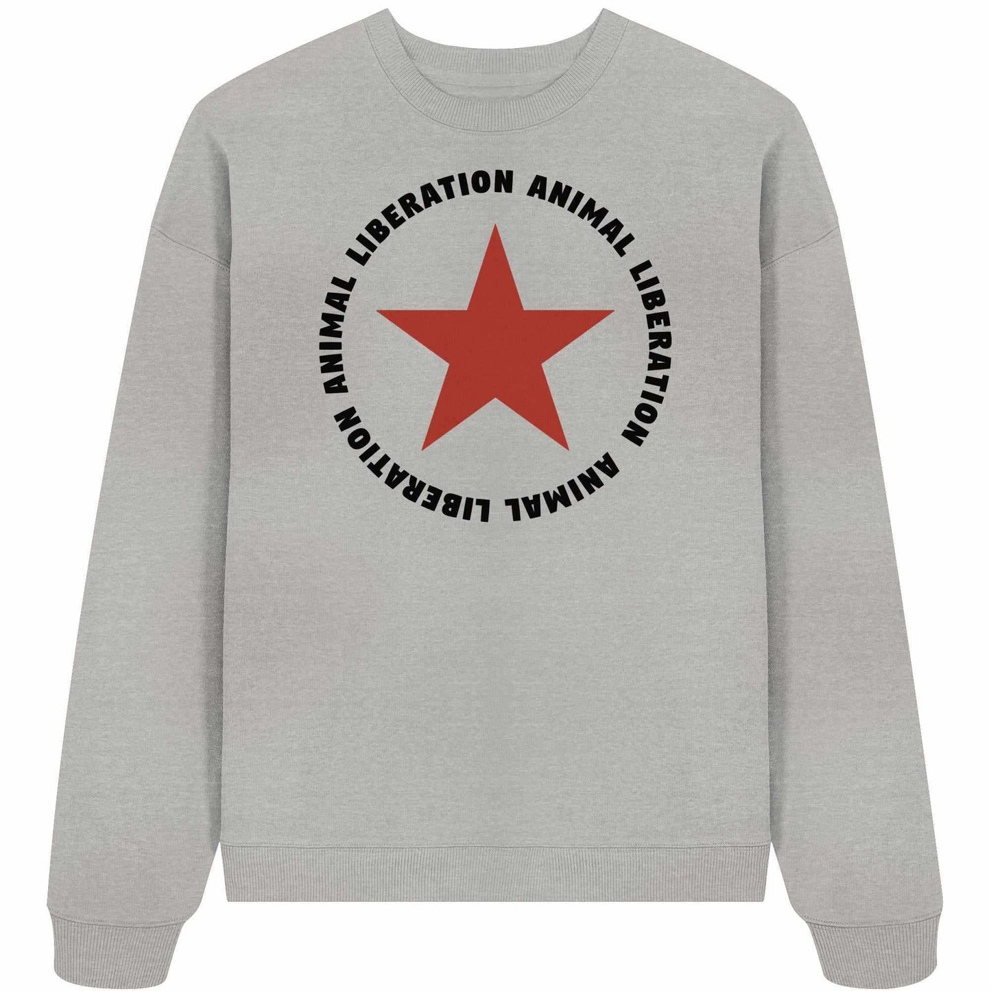 Vegan und Bio Oversized Sweatshirt: Red Star und Animal Liberation, graues Sweatshirt mit rotem Stern, aus 100% Bio-Baumwolle, oversized Schnitt, rebellisches Design.
