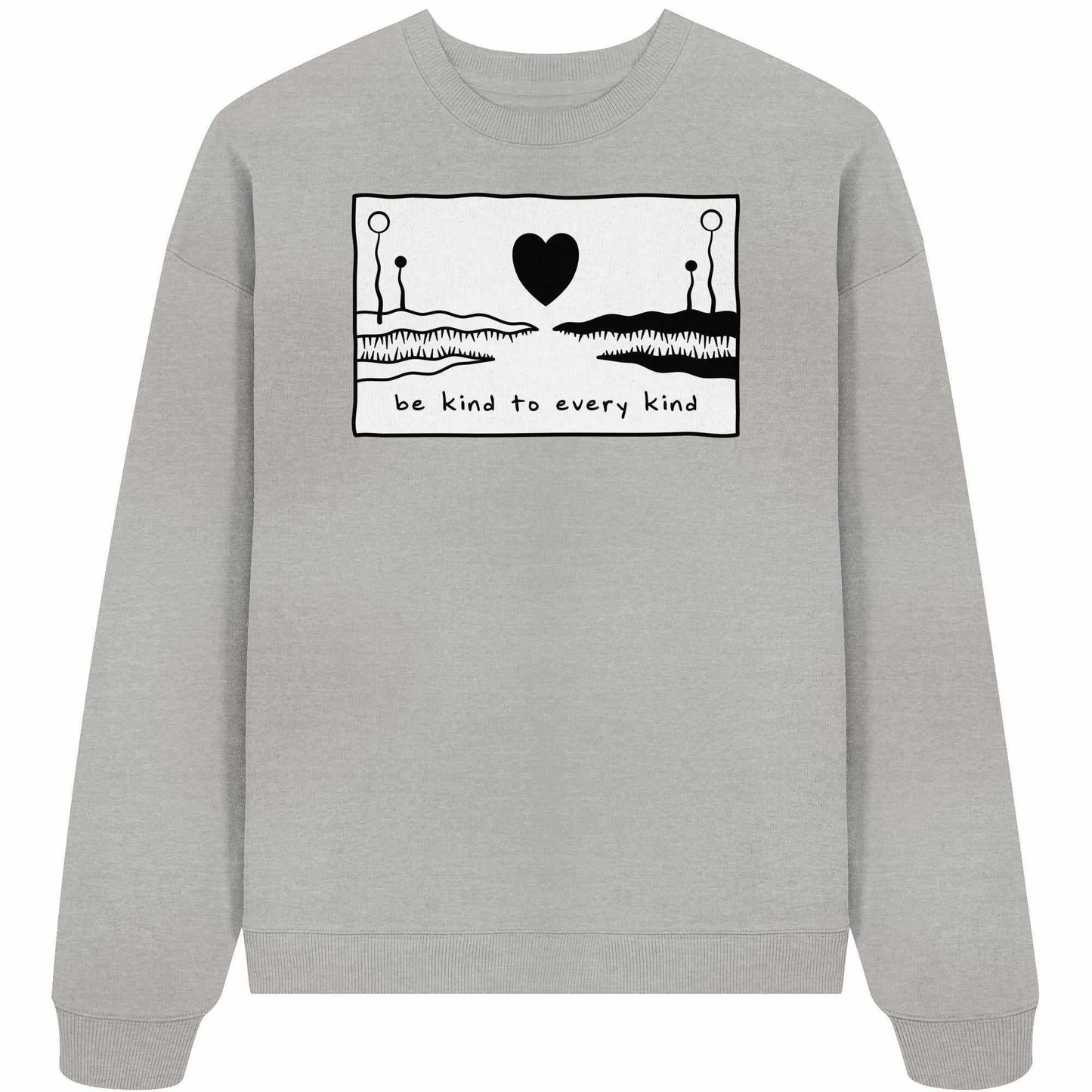 Vegan und Bio Oversized Sweatshirt: Be kind to every kind, mit Herz- und Alligatormotiv, aus 100% Bio-Baumwolle, designed von RUDE REBEL.