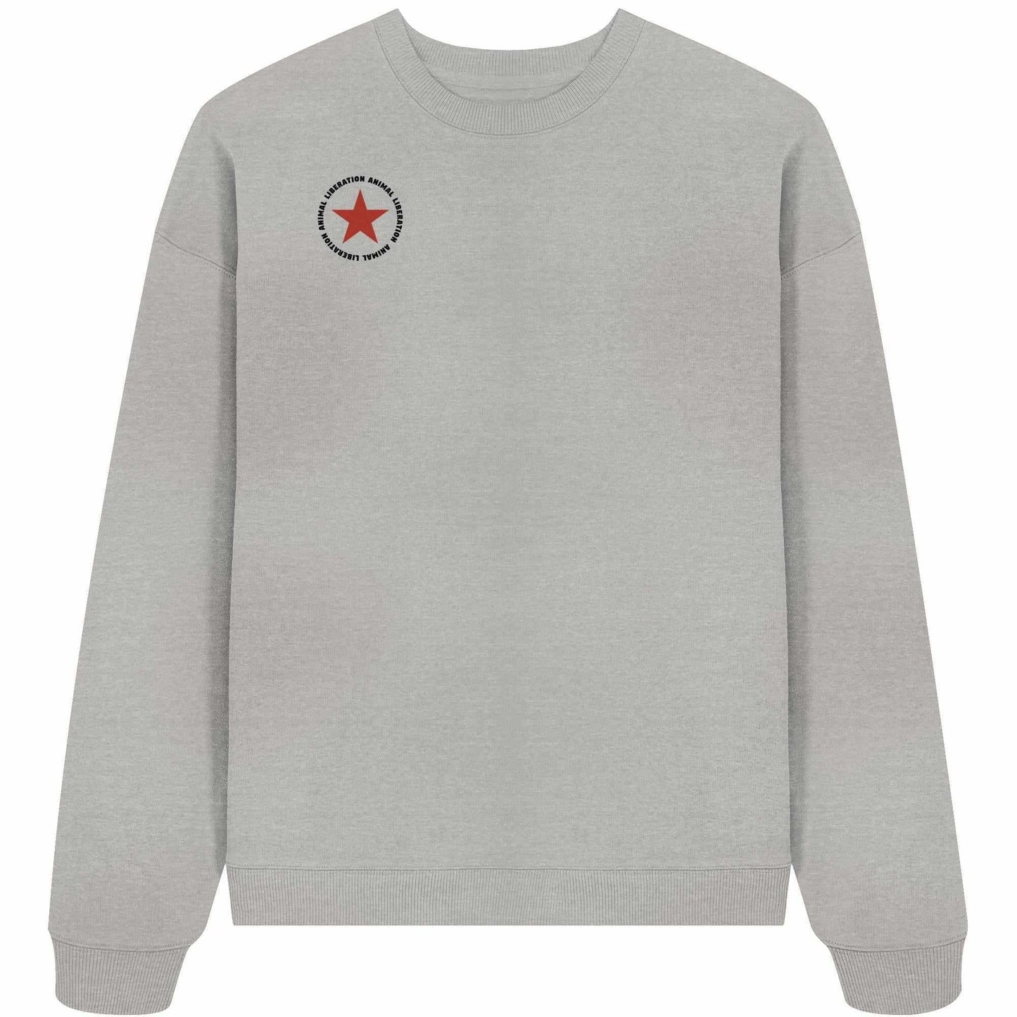 Vegan und Bio Oversized Sweatshirt: Red Star - Animal Liberation, grauer Pullover mit rotem Stern, aus 100% Bio-Baumwolle, rebellisches Design von RUDE REBEL, ideal für Tierrechtsaktivisten.