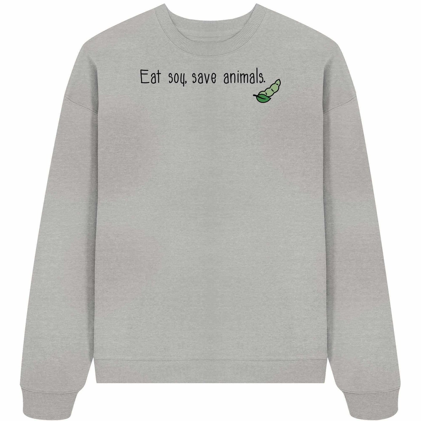 Vegan und Bio Oversized Sweatshirt mit grünem Raupenmotiv und Pea-Logo, aus 100% Bio-Baumwolle, fördert Veganismus und Tierschutz.