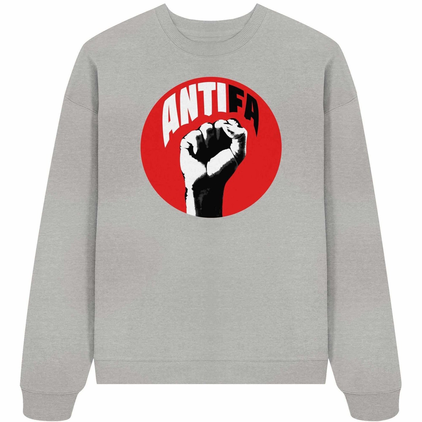 Vegan und Bio Oversized Sweatshirt: Antifa - Kampf gegen Rechts, graues Sweatshirt mit rotem Logo und geballter Faust, aus 100% Bio-Baumwolle, hergestellt von RUDE REBEL.