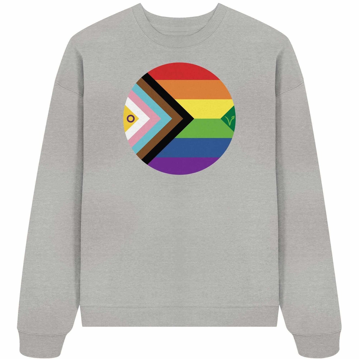 Vegan und Bio Oversized Sweatshirt mit Regenbogenkreis und grünem Symbol, repräsentiert LGBTQAI+ und Veganismus, aus 100% Bio-Baumwolle, designed von RUDE REBEL.