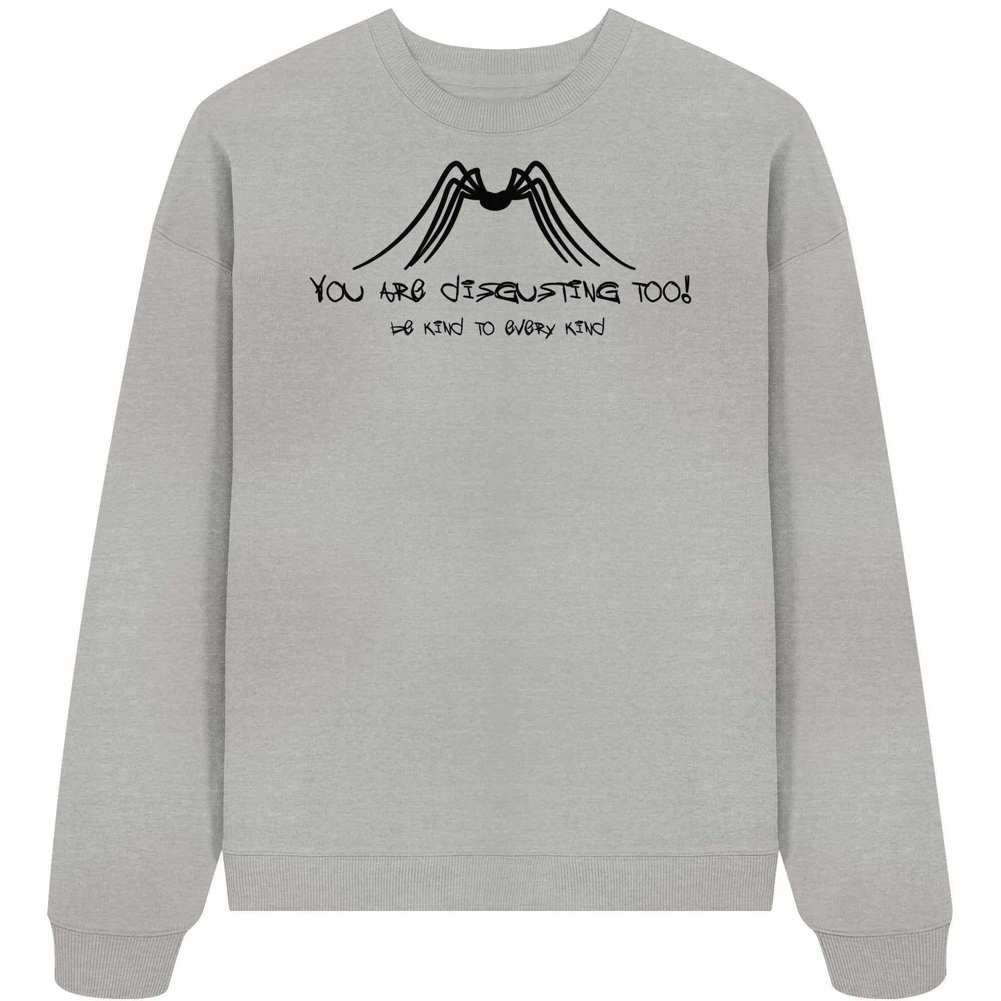 Vegan und Bio Oversized Sweatshirt mit schwarzem Text Protect Insects. Zeigt eine stilisierte Spinne, gefertigt aus 100% Bio-Baumwolle.