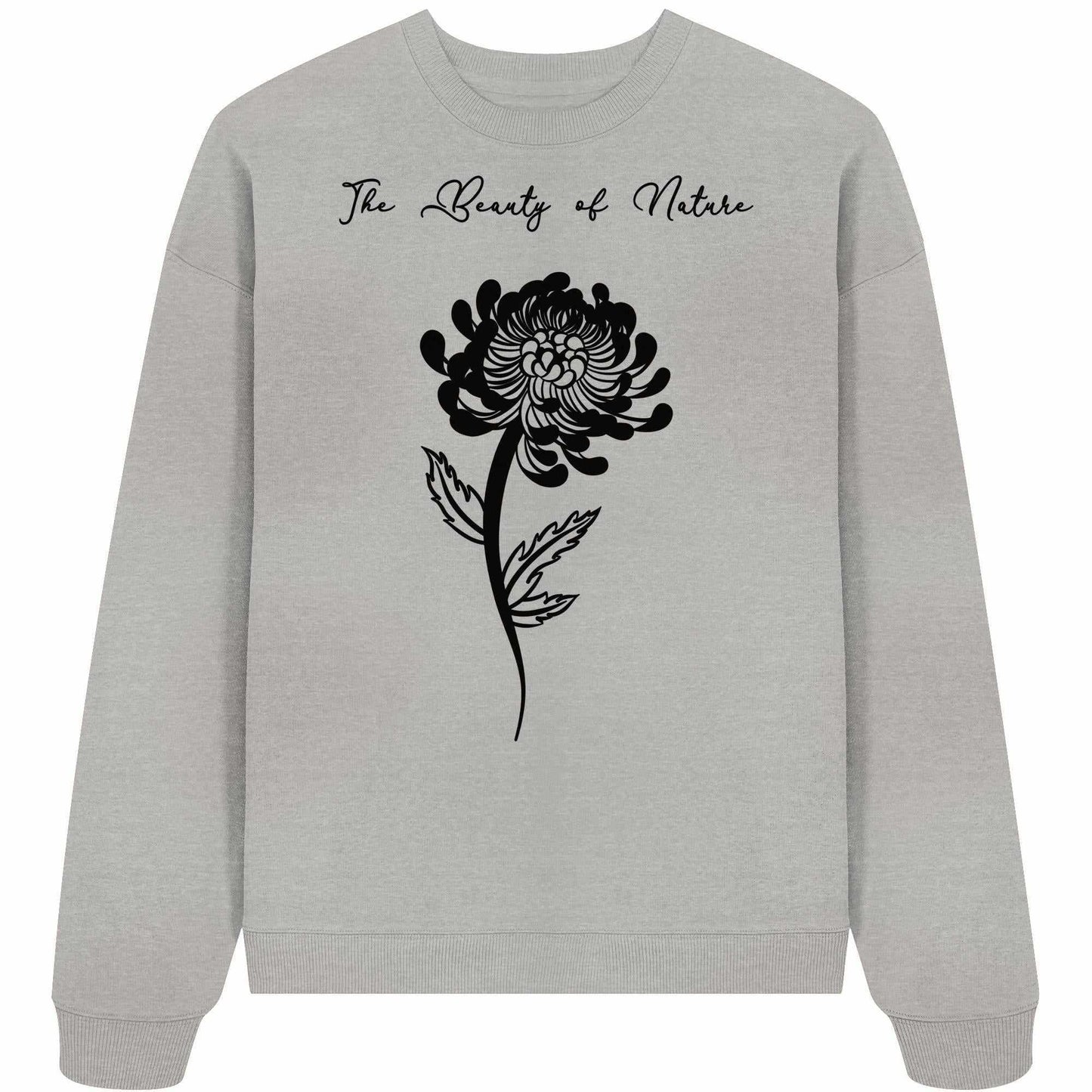 Vegan und Bio Oversized Sweatshirt: Chrysantheme - The Beauty of Nature, graues Sweatshirt mit schwarzer Blumenstickerei, aus 100% Bio-Baumwolle, ideal für nachhaltigen Stil.