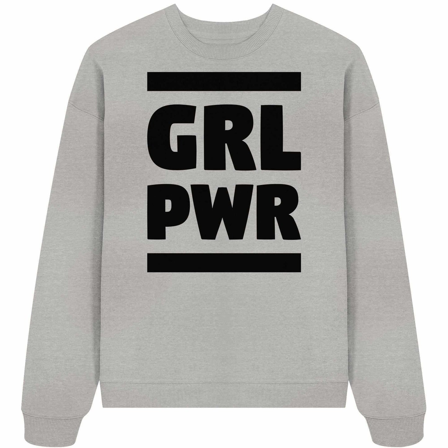 Vegan und Bio Oversized Sweatshirt: GIRL POWER mit feministischer Botschaft, grauer Pullover aus 100% Bio-Baumwolle, oversized Schnitt, von RUDE REBEL.
