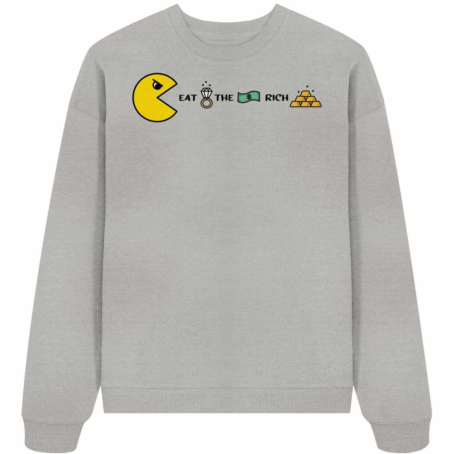 Vegan und Bio Oversized Sweatshirt: PAC-MAN - Eat the rich, grauer Pullover mit Cartoon-Charakter und goldenen Details, aus 100% Bio-Baumwolle, rebellisches Design.