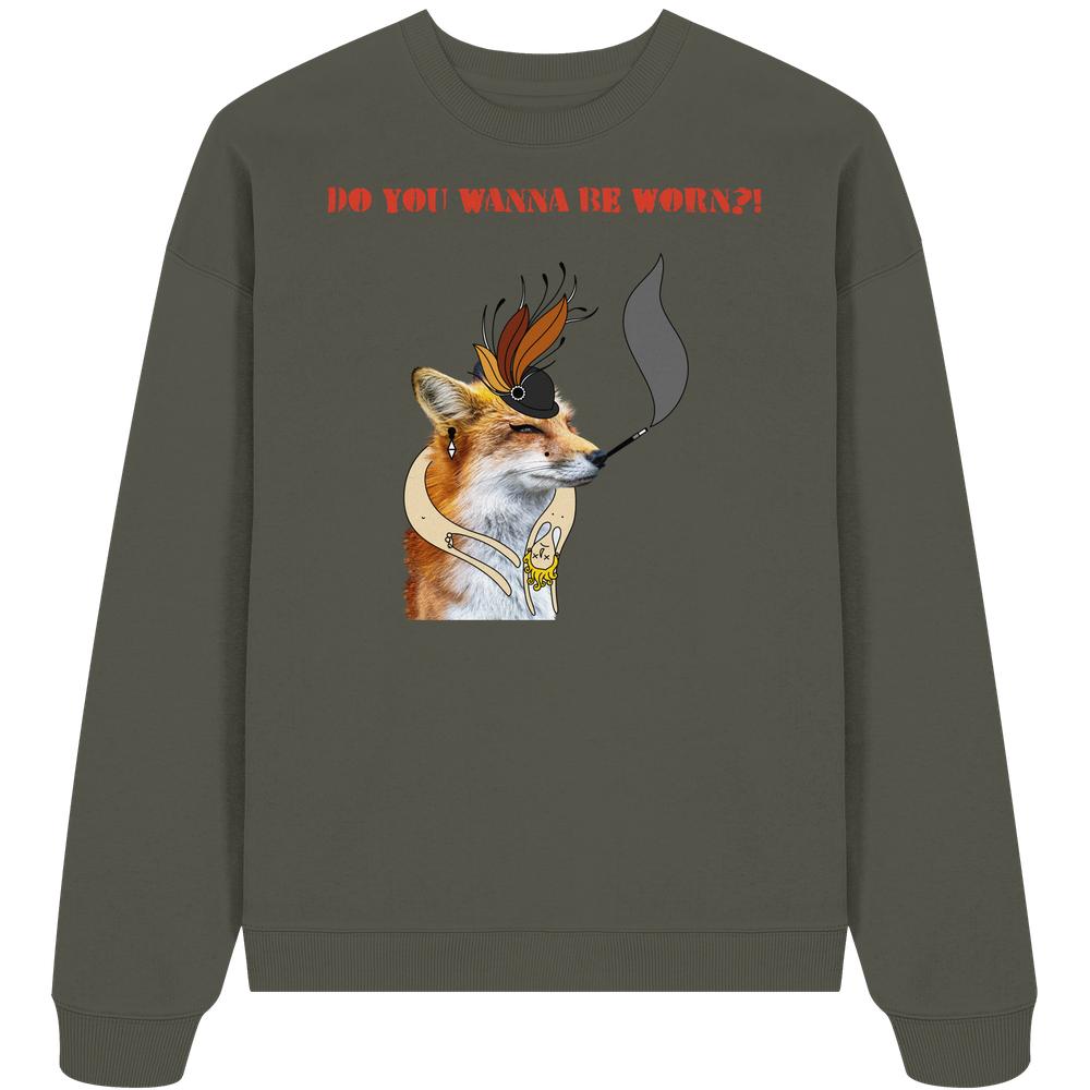 Vegan und Bio Oversized Sweatshirt mit Fuchs-Design, das gegen Pelz demonstriert, von RUDE REBEL. 100% Bio-Baumwolle, rebellisches Tierrechtsmotiv.