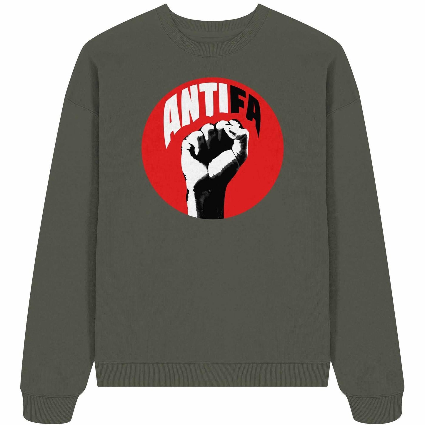 Vegan und Bio Oversized Sweatshirt: Antifa - Kampf gegen Rechts mit kämpferischem Design und erhobenem Faustmotiv, aus 100% Bio-Baumwolle, oversized Fit.