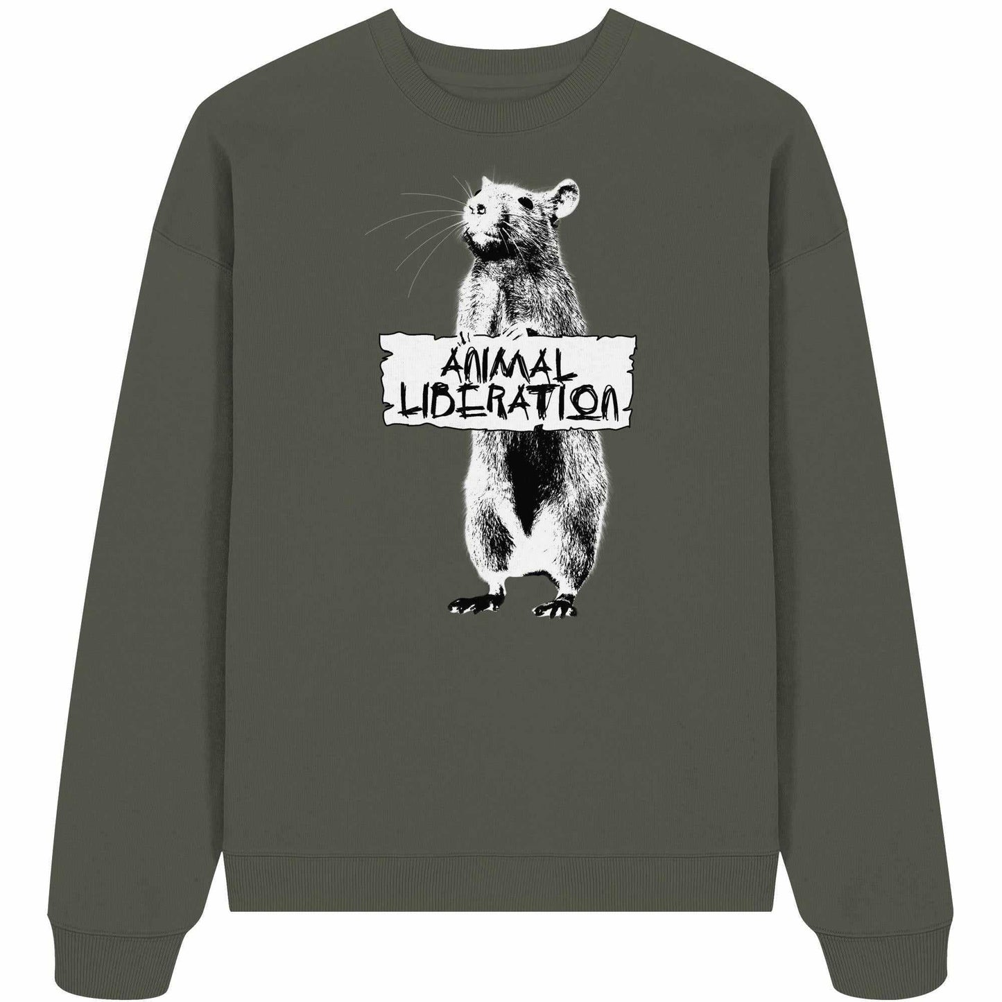 Vegan und Bio Oversized Sweatshirt: Rat for Animal Liberation, zeigt digitale Collage mit Tiermotiv im Banksy-Stil. Hergestellt aus 100% Bio-Baumwolle, oversized, nachhaltig.
