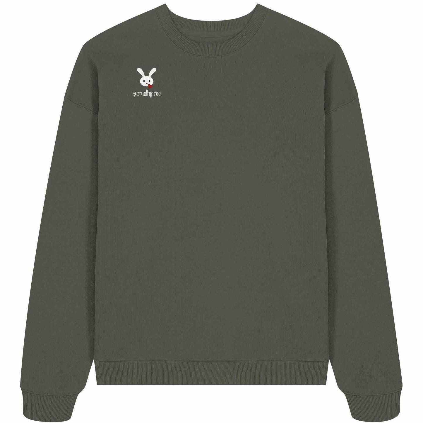 Vegan und Bio Oversized Sweatshirt: Crueltyfree Bunny – Grauer Pullover mit weißem Hasen und Herzmotiv, aus 100% Bio-Baumwolle, oversized Schnitt, nachhaltige Marke RUDE REBEL.