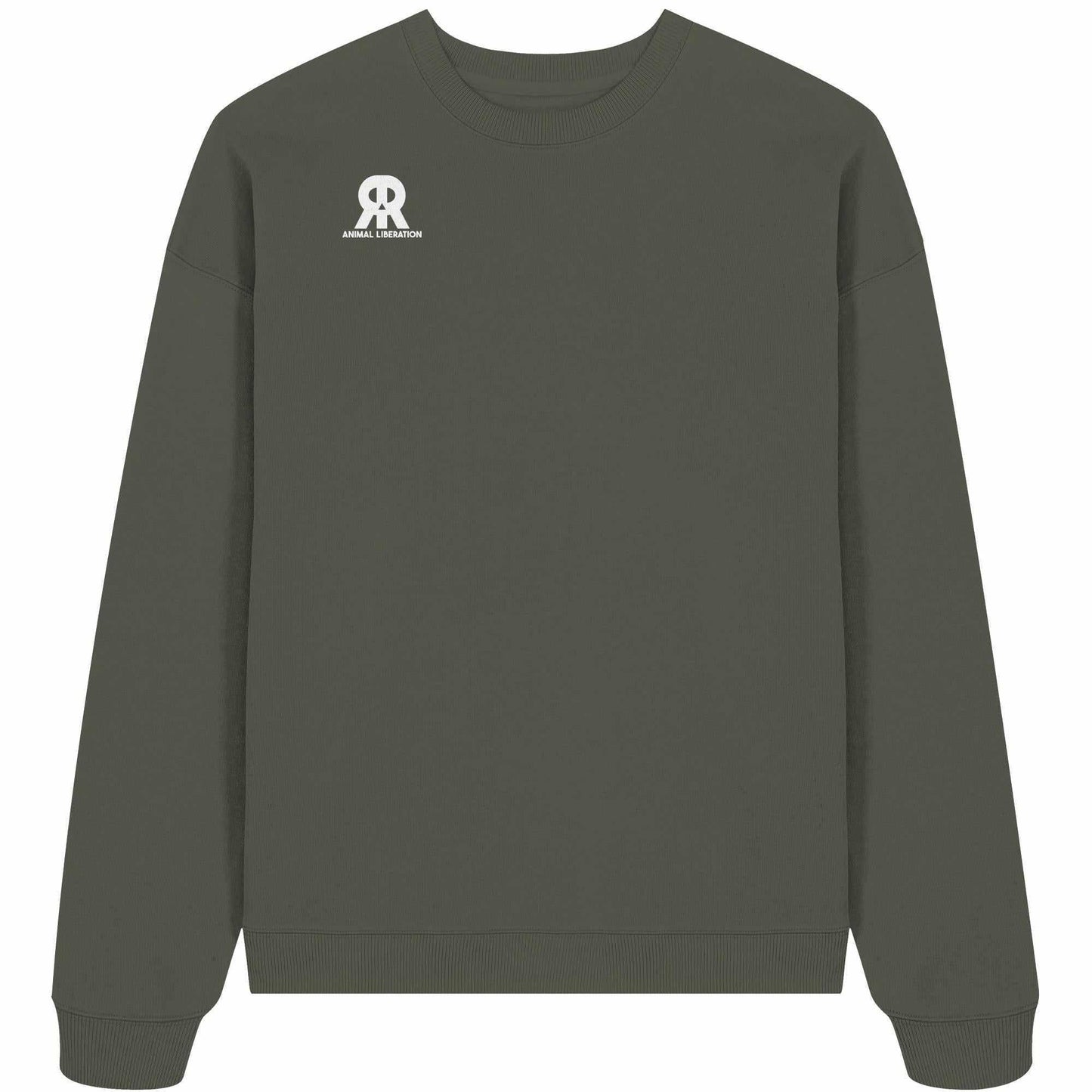 Vegan und Bio Oversized Sweatshirt: RUDE REBEL Skull - Animal Liberation mit weißem Logo auf grauem Stoff, rebellisches Design, aus 100% Bio-Baumwolle.
