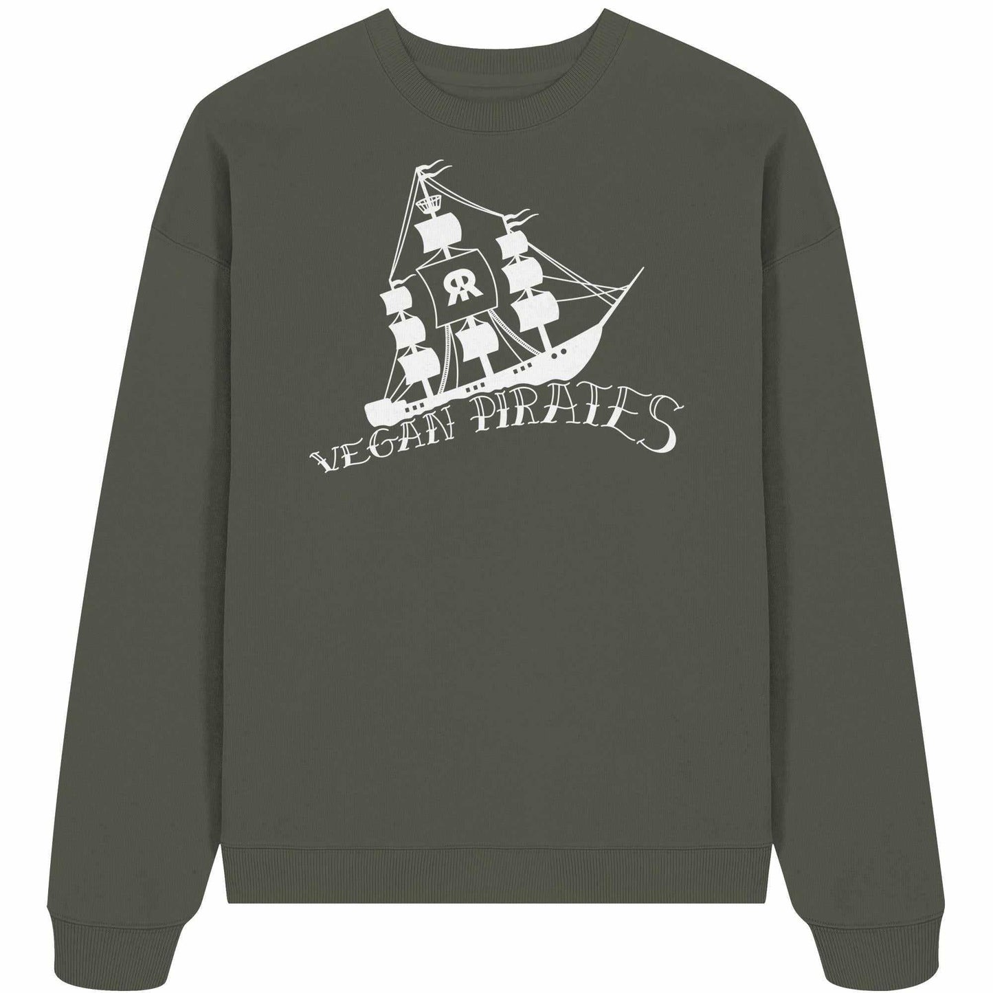 Vegan und Bio Oversized Sweatshirt mit Piratenschiff-Motiv, aus 100% Bio-Baumwolle, repräsentiert vegane Überzeugungen und nachhaltigen Stil.