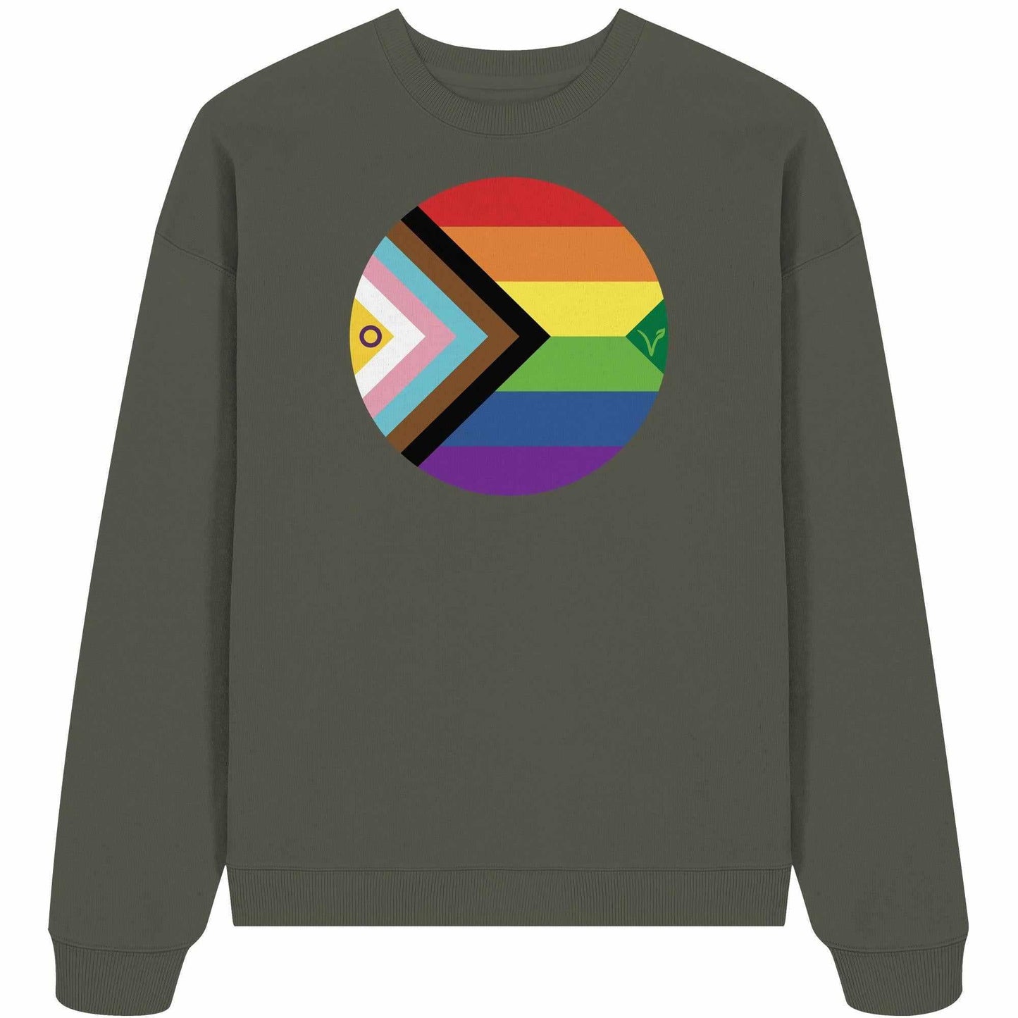 Vegan und Bio Oversized Sweatshirt mit Regenbogenkreis und V-Symbol, aus 100% Bio-Baumwolle, repräsentiert LGBTQAI+ und Veganismus.