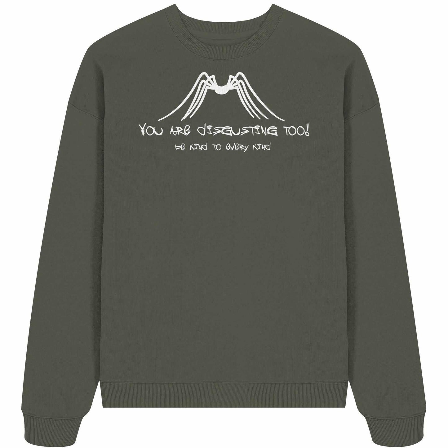 Vegan und Bio Oversized Sweatshirt mit Spinnen-Grafik und Botschaft zum Schutz von Insekten. Hergestellt aus 100% Bio-Baumwolle, betont Umweltbewusstsein und Tierrechte.