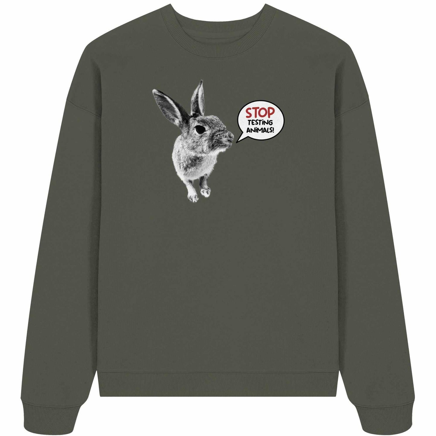 Vegan und Bio Oversized Sweatshirt: Cute Rabbit - Stop Testing Animals! zeigt einen Hasen mit der Botschaft STOP ANIMAL TESTING! auf grauem Baumwollstoff.