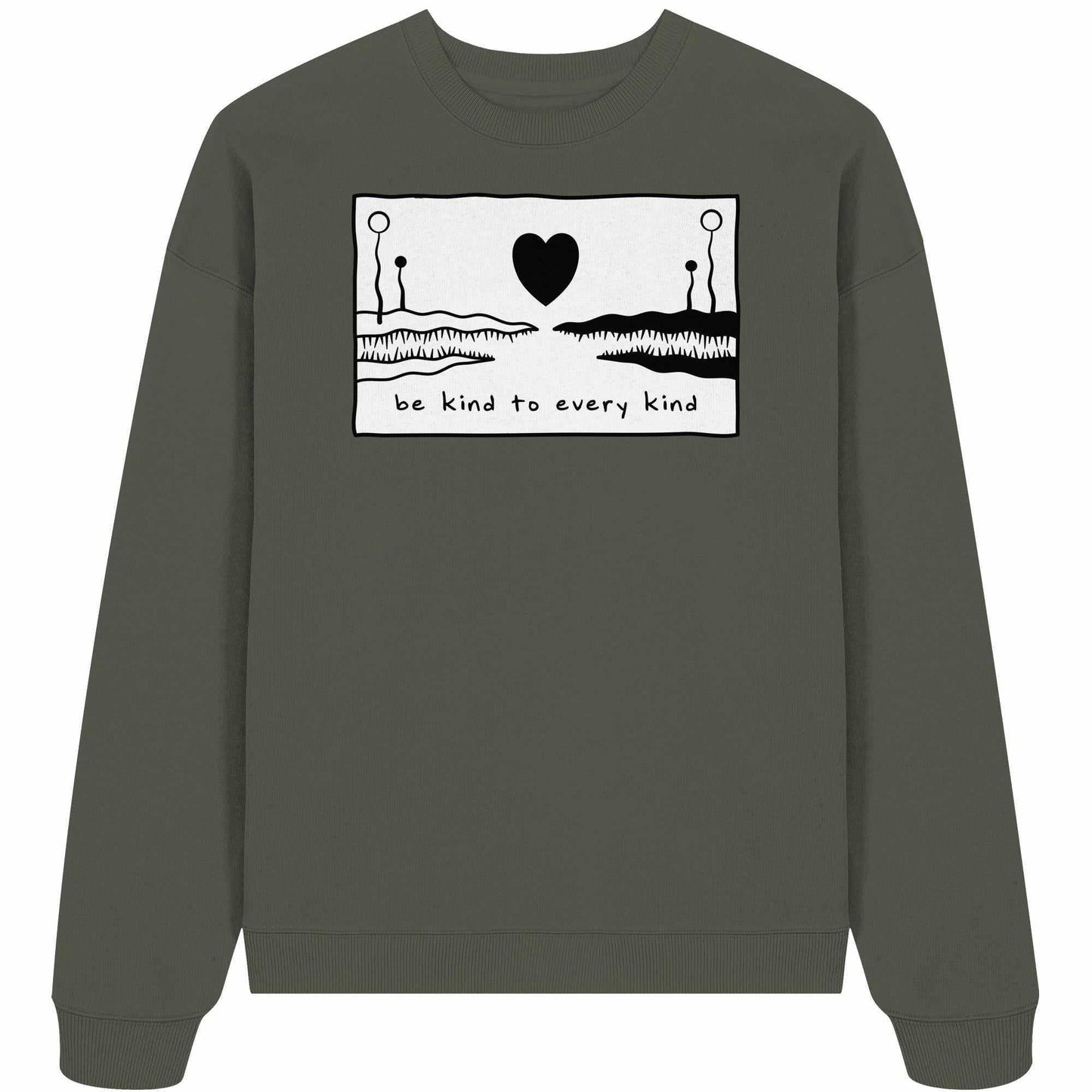 Vegan und Bio Oversized Sweatshirt: Be kind to every kind, mit schwarzem Herz und Krokodilsmotiv, aus 100% Bio-Baumwolle, rebellisches Design von RUDE REBEL.