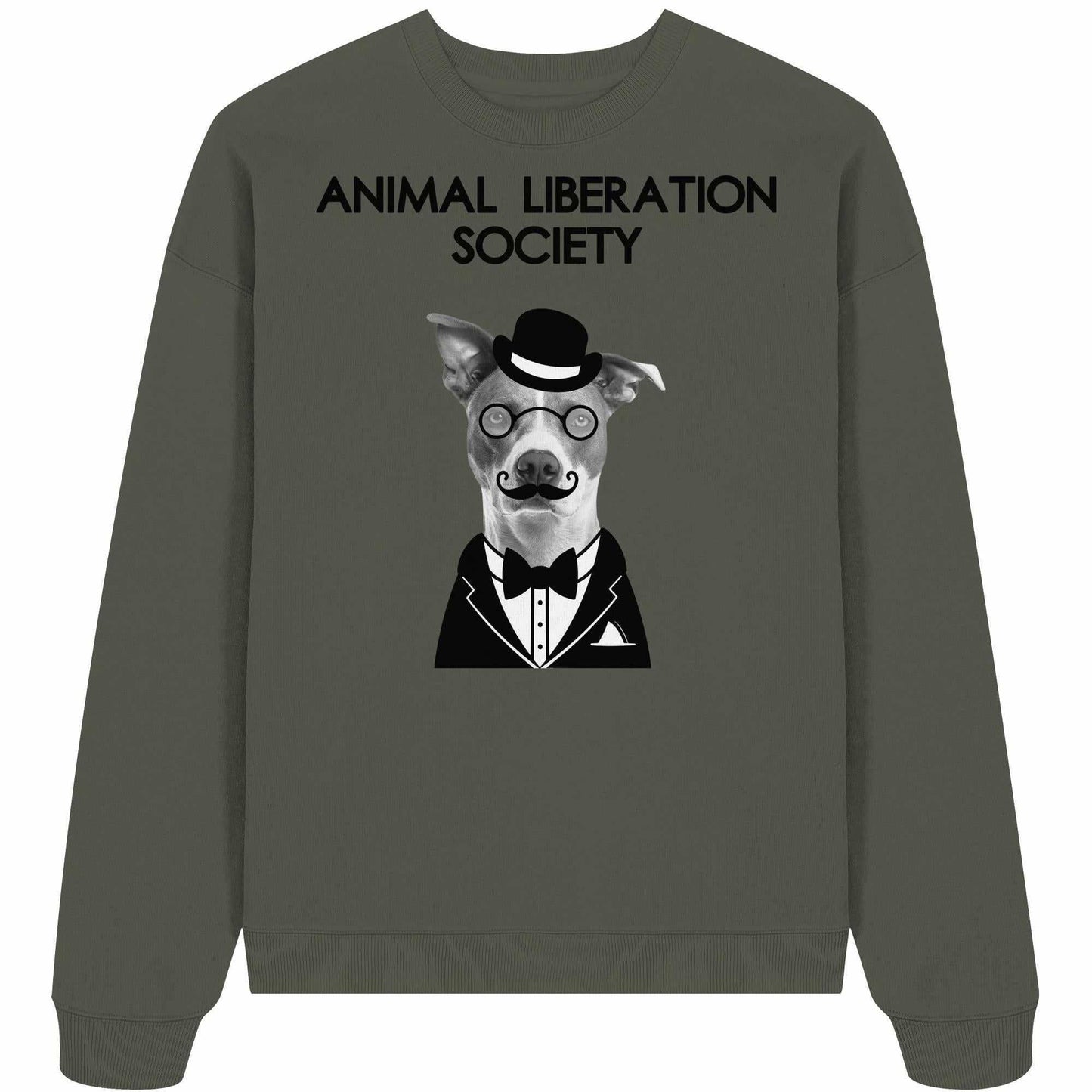 Vegan und Bio Oversized Sweatshirt: Mr. Dog - Animal Liberation Society zeigt einen Hund mit Brille, Schnurrbart und Hut, inspiriert von Tierrechtsaktivismus.