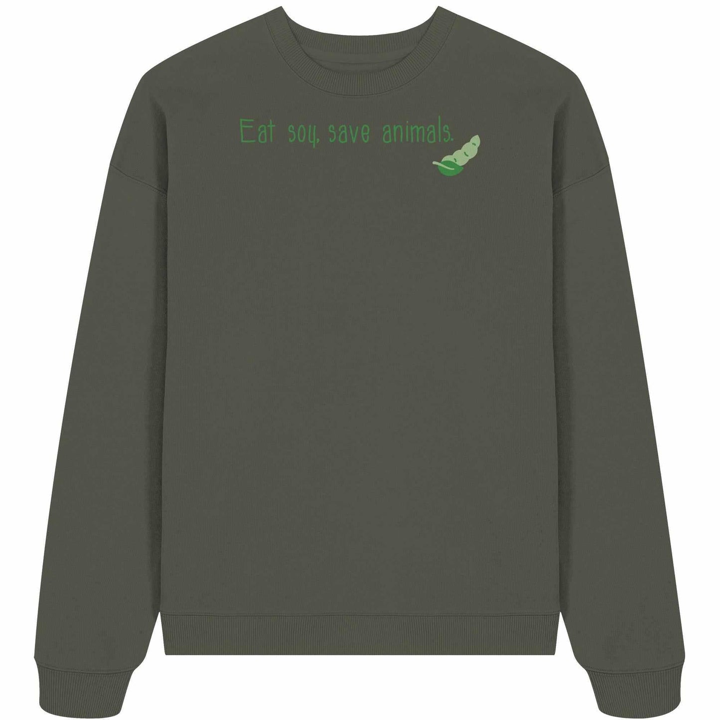 Vegan und Bio Oversized Sweatshirt mit Veganism - Eat soy, save animals.-Text und Pea-Logo, aus 100% Bio-Baumwolle, rebellisches Design von RUDE REBEL.