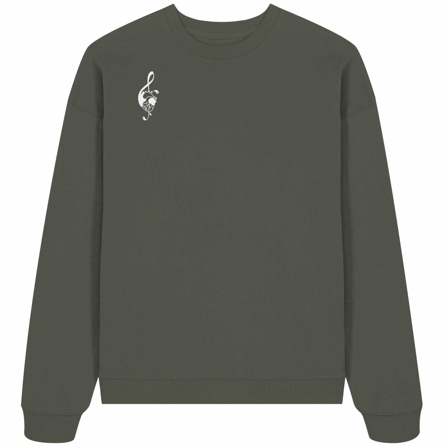 Vegan und Bio Oversized Sweatshirt: Music Heart mit weißem Logo auf grauem Stoff, aus 100% Bio-Baumwolle. Harmoniert Körper und Seele, rebellisches Design.