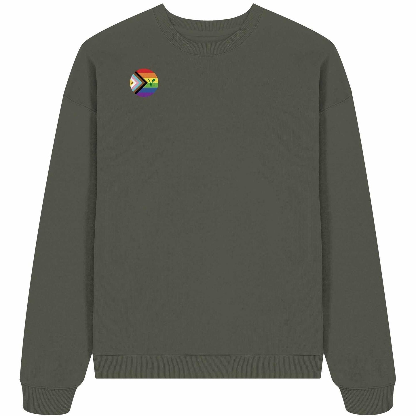 Vegan und Bio Oversized Sweatshirt: LGBTQIA+ VEGAN mit Regenbogen-Logo und Pflanzenmotiv, aus 100% Bio-Baumwolle. Perfekt für vegane und nachhaltige Mode von RUDE REBEL.