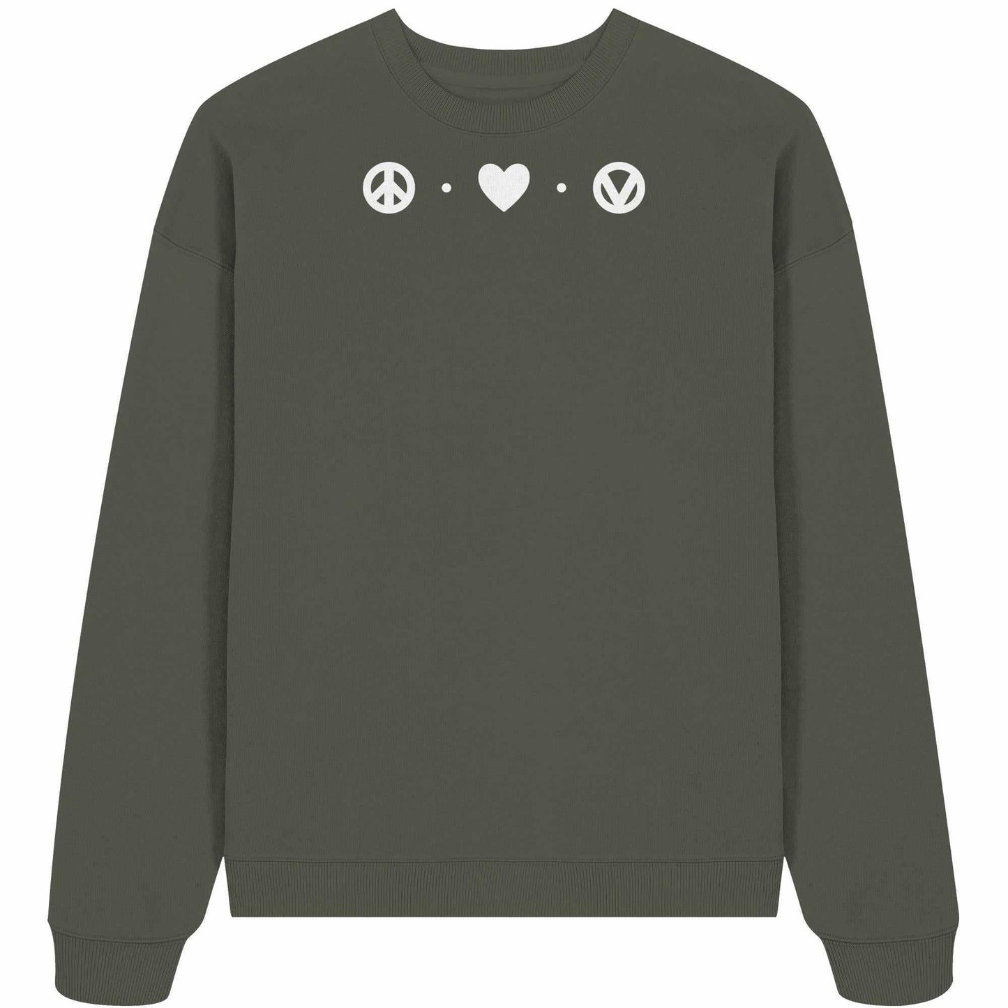Vegan und Bio Oversized Sweatshirt: Love - Peace - Veganism mit weißen Symbolen, aus 100% Bio-Baumwolle, im schlichten, aussagekräftigen Design von RUDE REBEL.