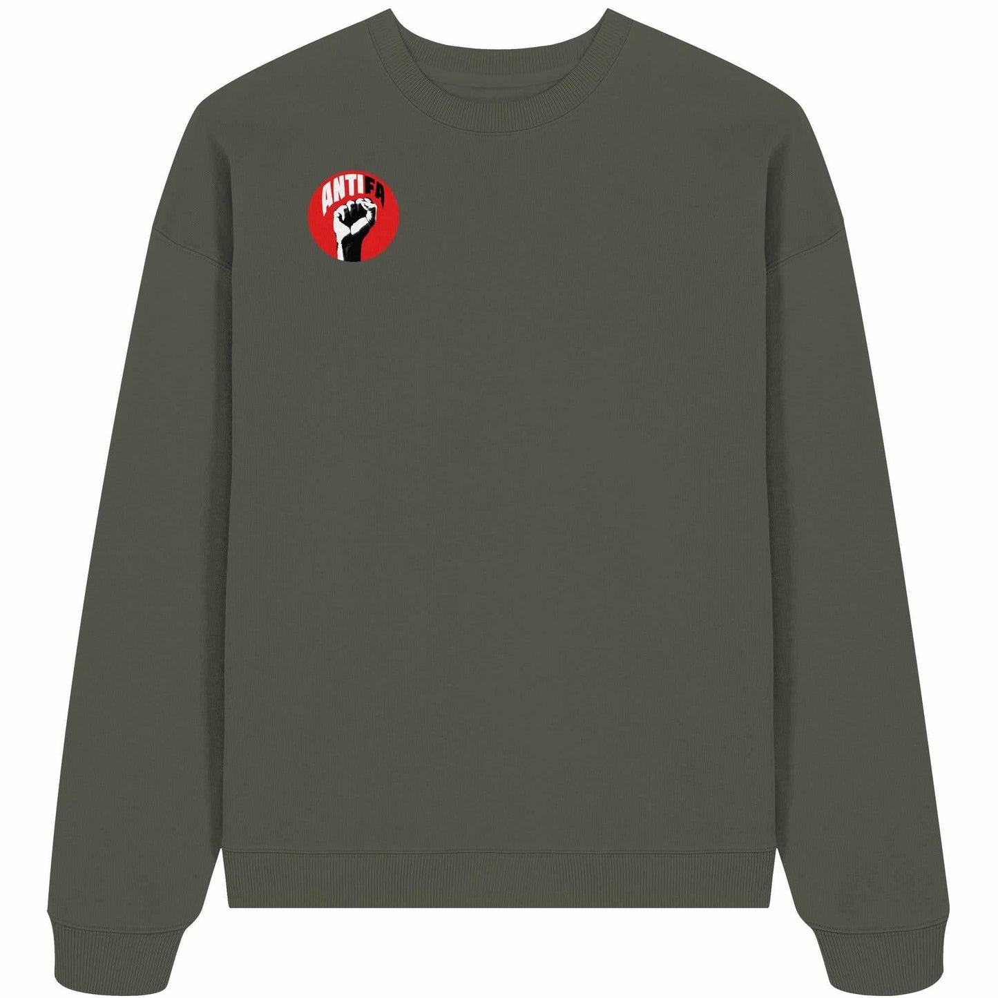 Vegan und Bio Oversized Sweatshirt: Antifa - Gemeinsam gegen Rechts, grauer Hoodie mit Faustmotiv, symbolisiert Widerstand gegen Faschismus, aus Bio-Baumwolle.