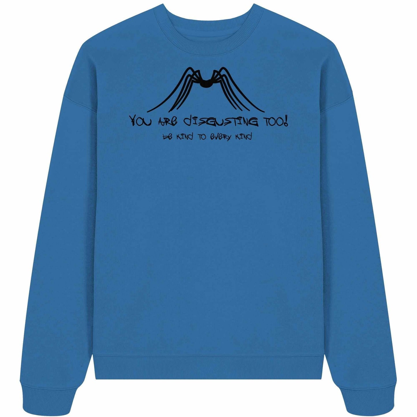 Vegan und Bio Oversized Sweatshirt mit schwarzem Spinnenmotiv und Text „Protect Insects“. Hergestellt aus 100% Bio-Baumwolle, fördert Tierrechte und Naturschutz.