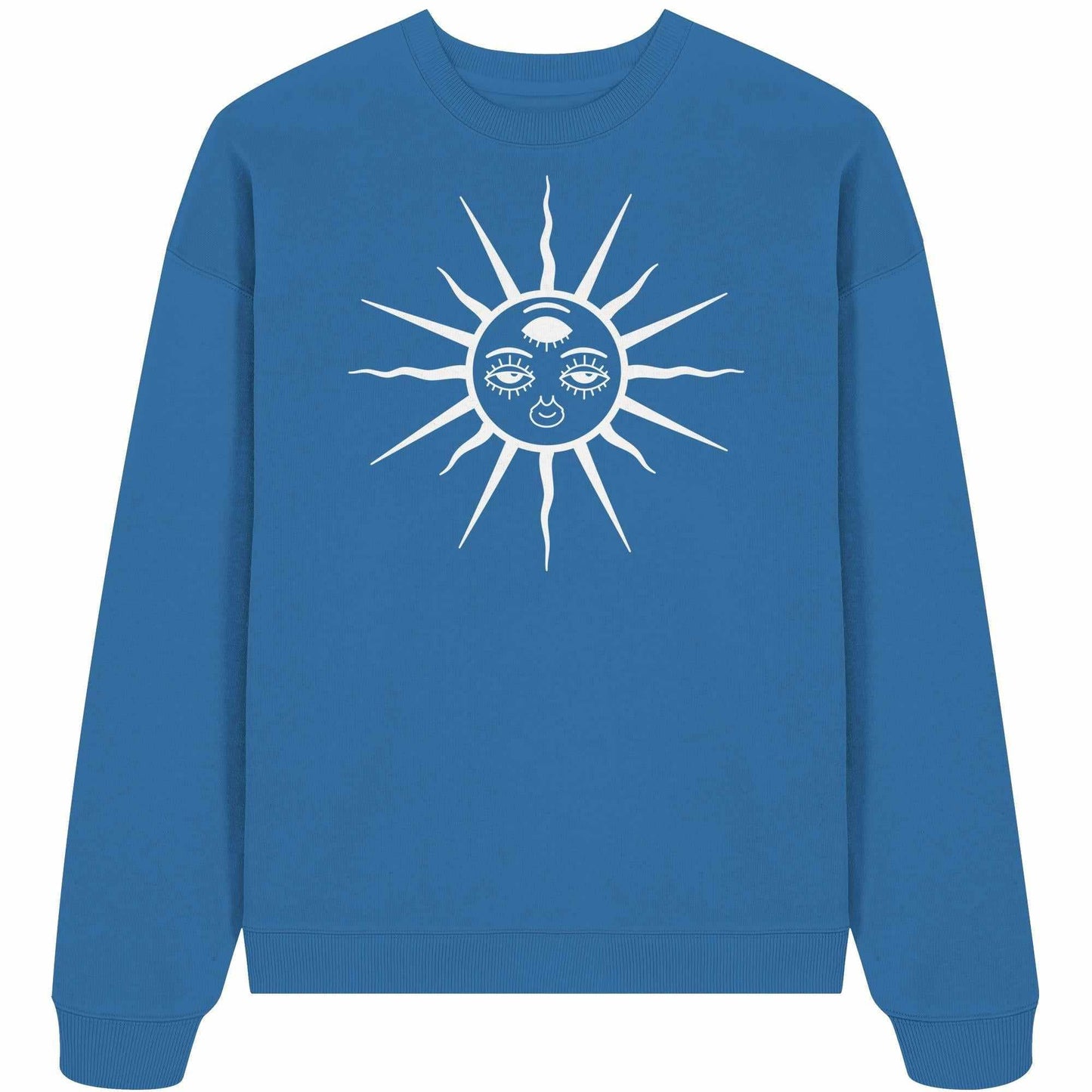 Vegan und Bio Oversized Sweatshirt: The Sun - Third Eye Awakening, mit Sonnenmotiv und Gesicht, aus 100% Bio-Baumwolle, ideal für Goa Raves.