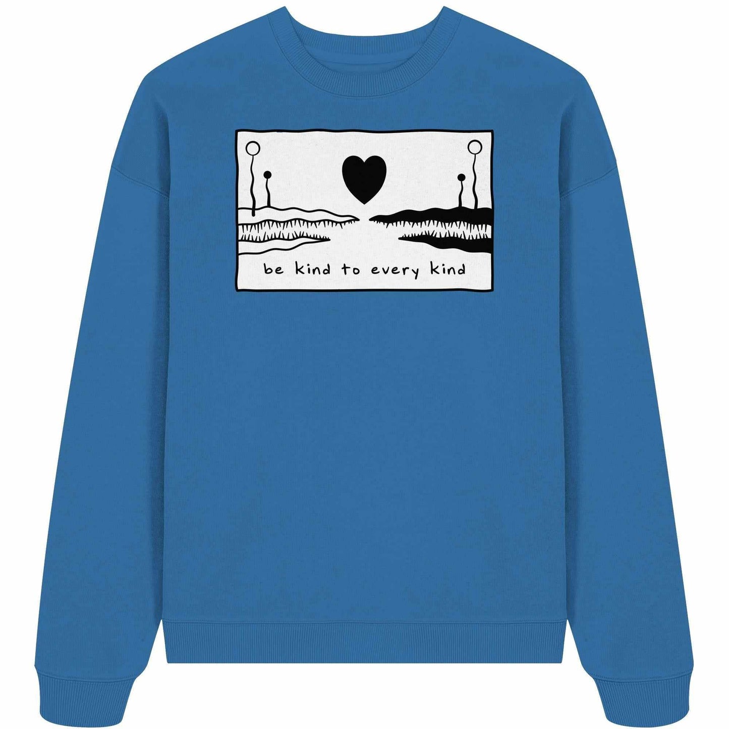 Vegan und Bio Oversized Sweatshirt: Be kind to every kind, illustriert mit Herz- und Krokodilbild, aus 100% Bio-Baumwolle, ideal für nachhaltige Mode.