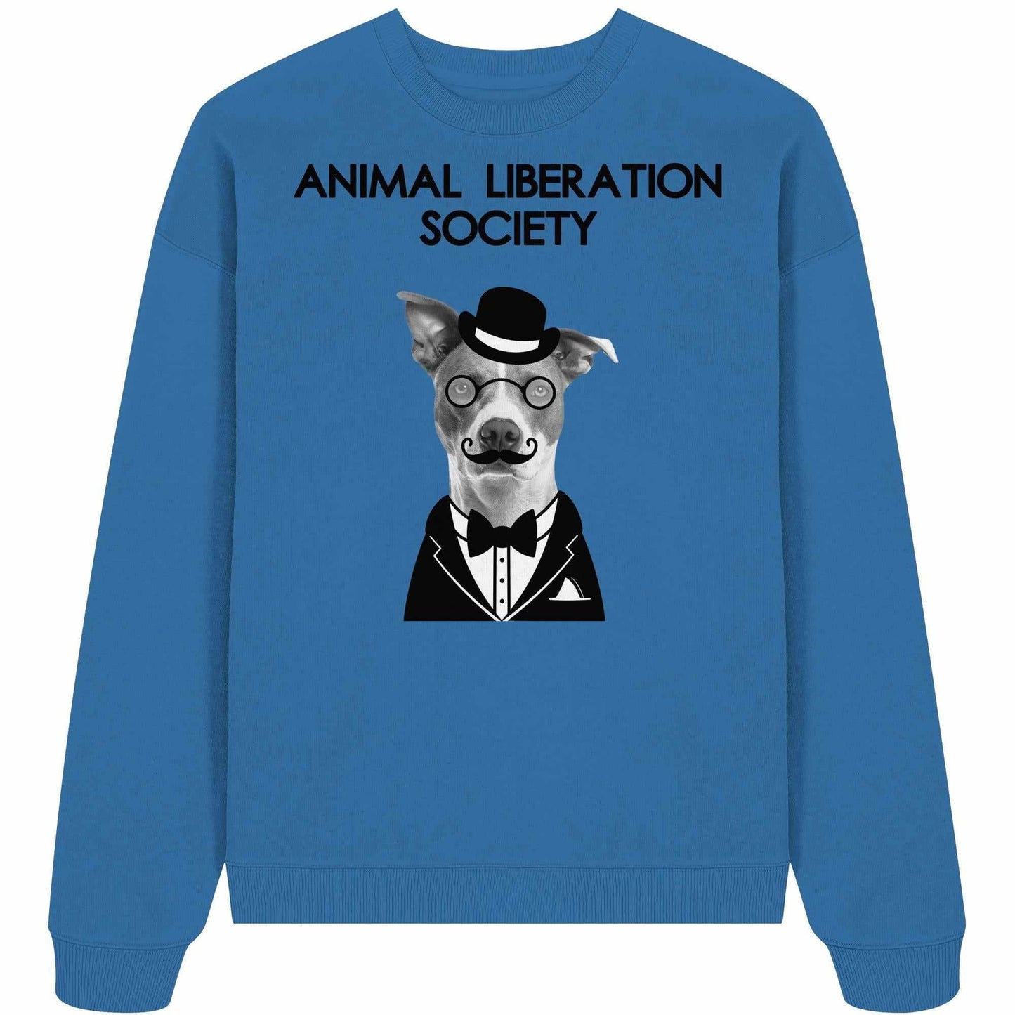 Vegan und Bio Oversized Sweatshirt: Mr. Dog - Animal Liberation Society, zeigt einen Hund mit Hut, Brille und Fliege, inspiriert von Tierrechts-Themen.