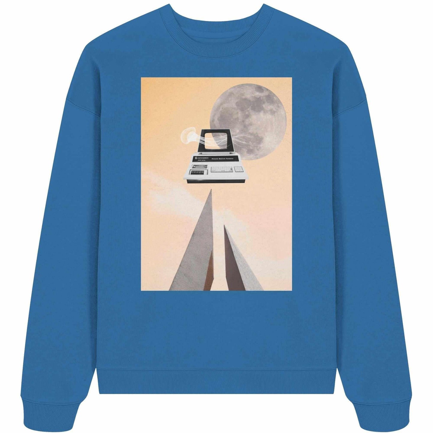 Vegan und Bio Oversized Sweatshirt: Retro Nerd mit Typewriter- und Mondmotiv, 100% Bio-Baumwolle, ideal für Retro-Fans und umweltbewusste Rebellen.