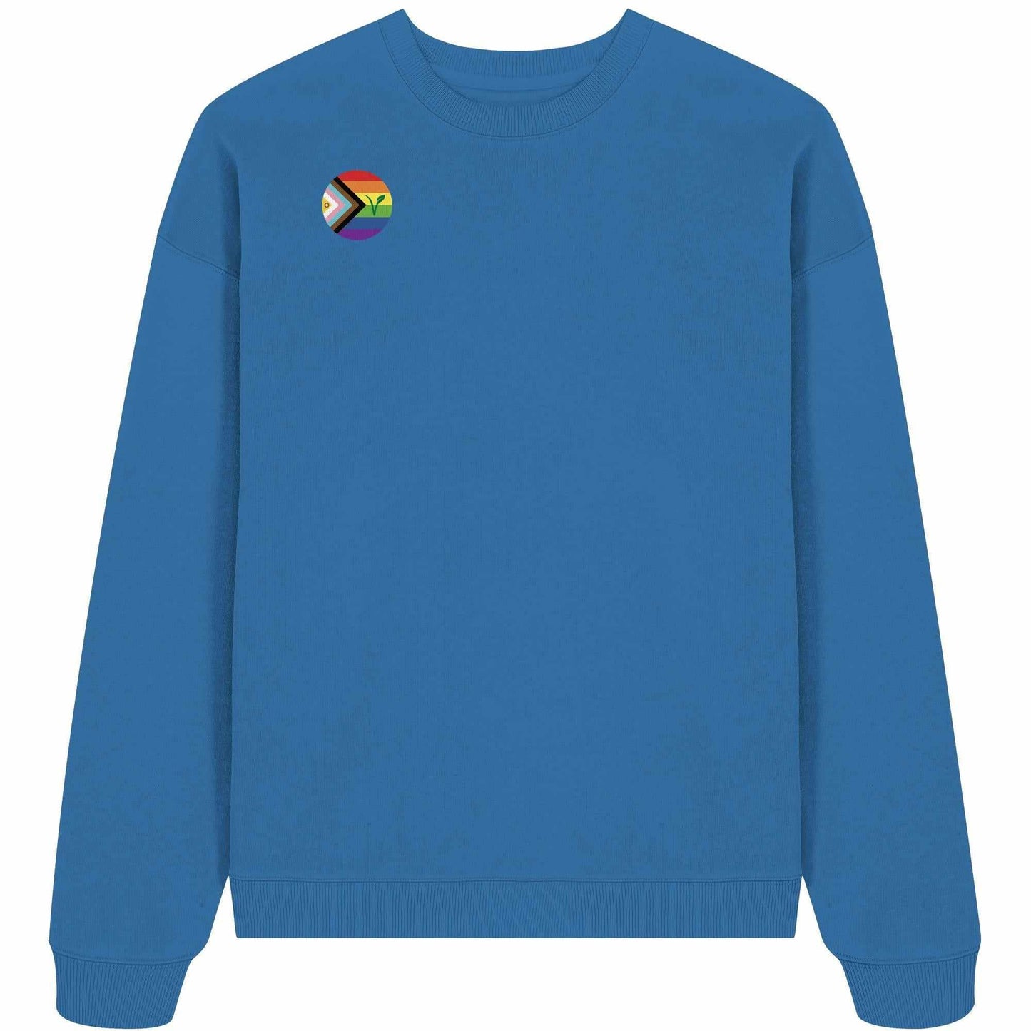 Vegan und Bio Oversized Sweatshirt: LGBTQIA+ VEGAN, blauer Pullover mit Regenbogen-Logo und grünem Blatt, aus 100% Bio-Baumwolle, rebellisches Design von RUDE REBEL.