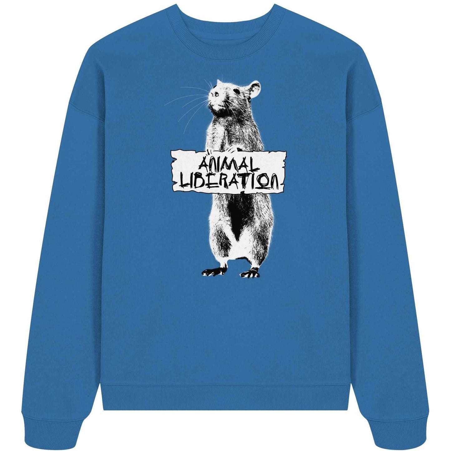 Vegan und Bio Oversized Sweatshirt: Rat for Animal Liberation mit Bärenmotiv und schwarzem Schild, inspiriert von Banksy's Street Art, aus 100% Bio-Baumwolle.